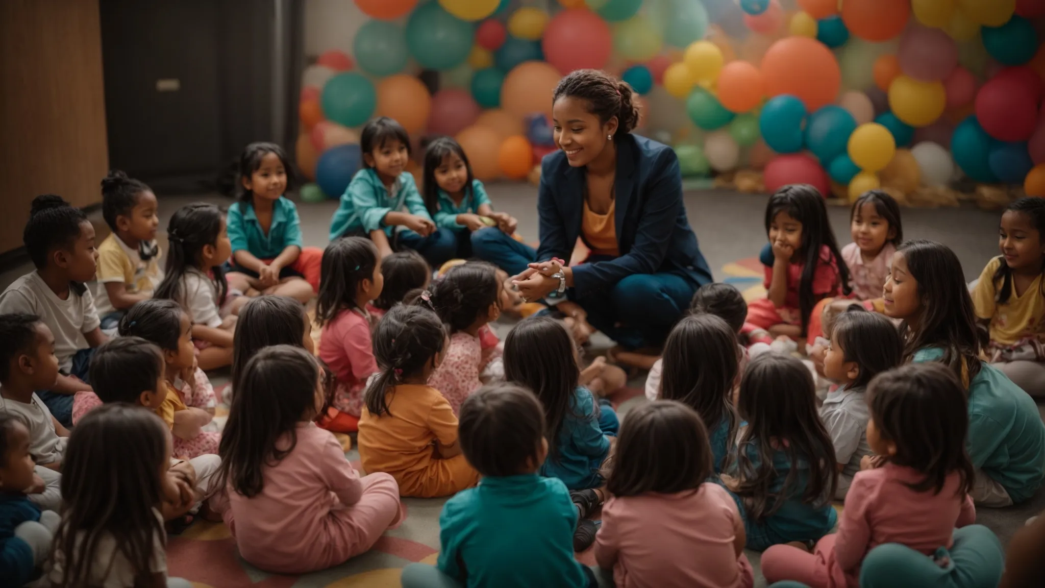 a dedicated educator sits with a circle of young children, engaging them in a colorful, interactive learning activity.