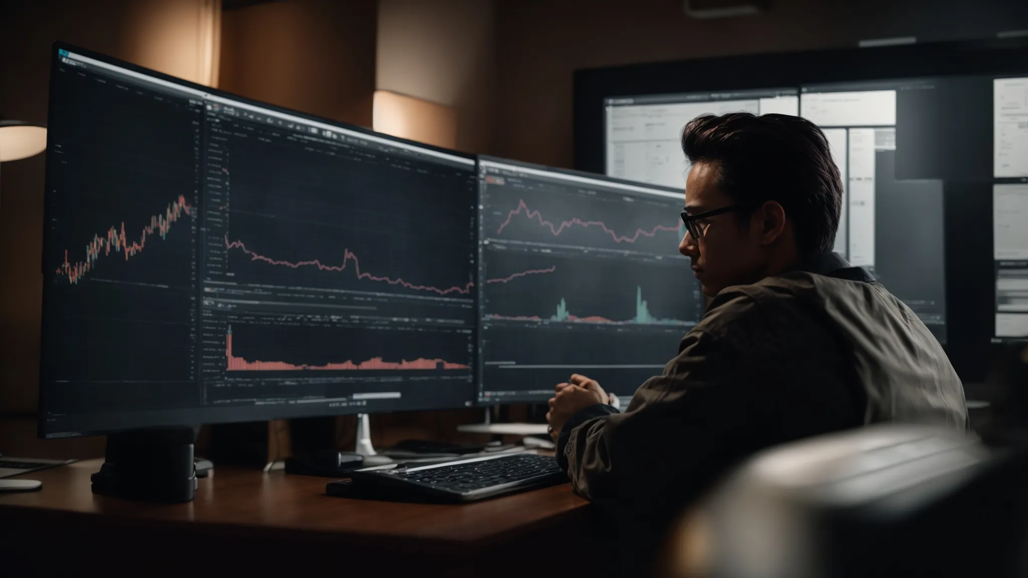 a marketer analyzes graphs and charts on a computer screen, strategizing email campaign improvements.