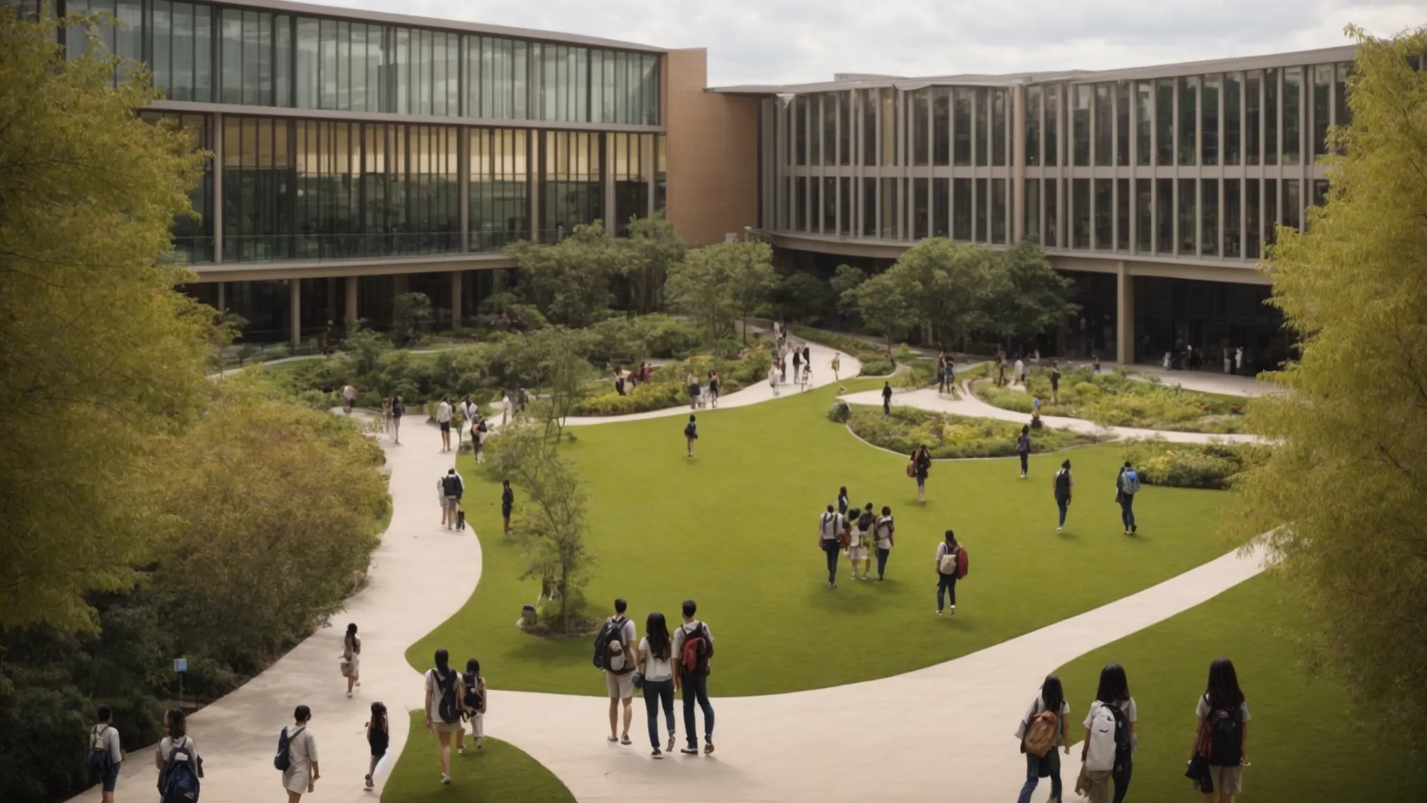 a panoramic view of a bustling university campus with modern buildings and students walking between classes amidst a backdrop of greenery.