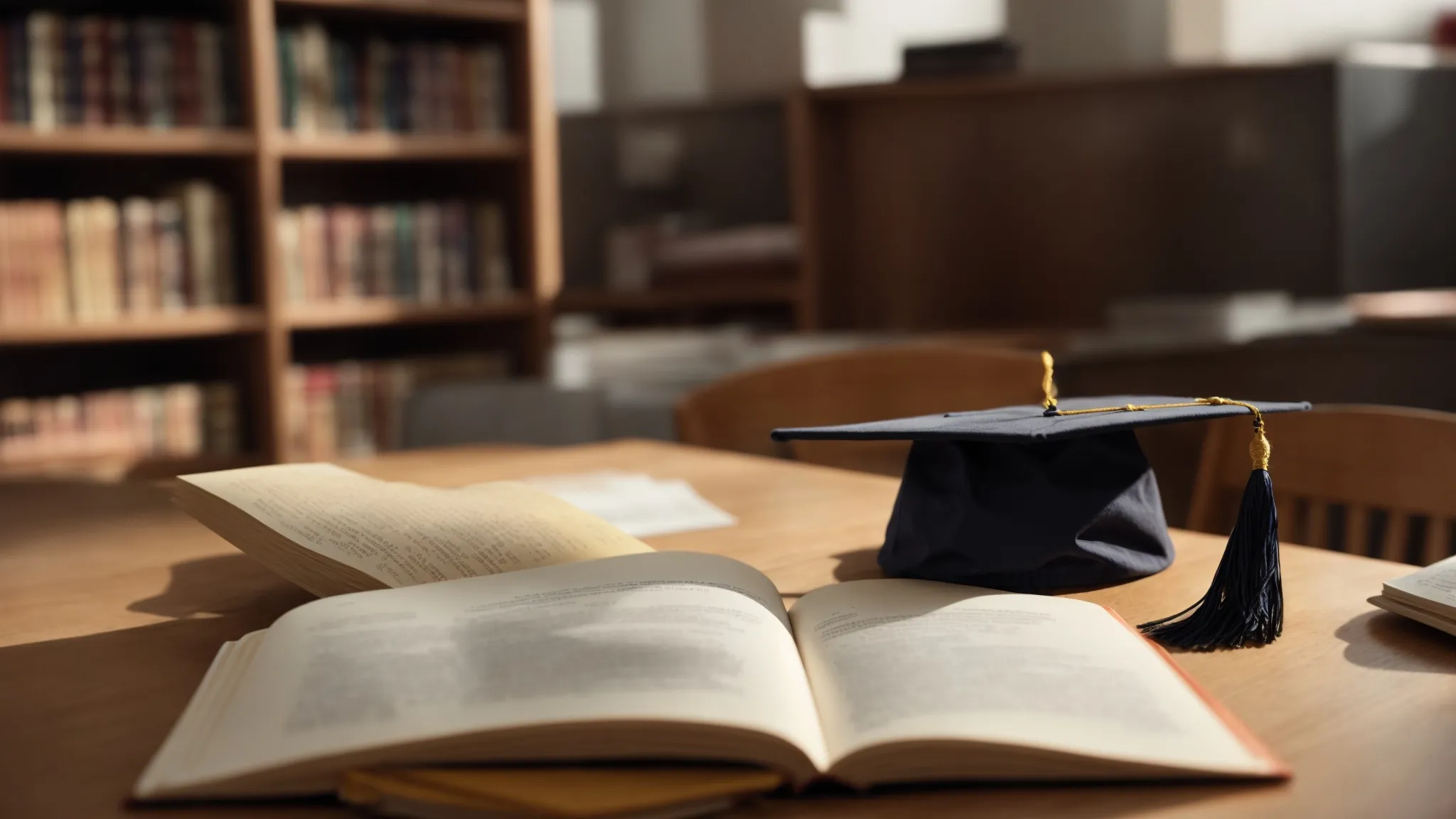 a single book with a graduation cap on top sits on a clear, well-lit study desk, embodying the pursuit of advanced education.