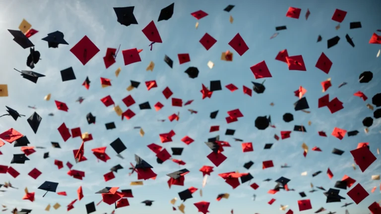 a display of various colorful graduation caps thrown in the air against a clear sky.