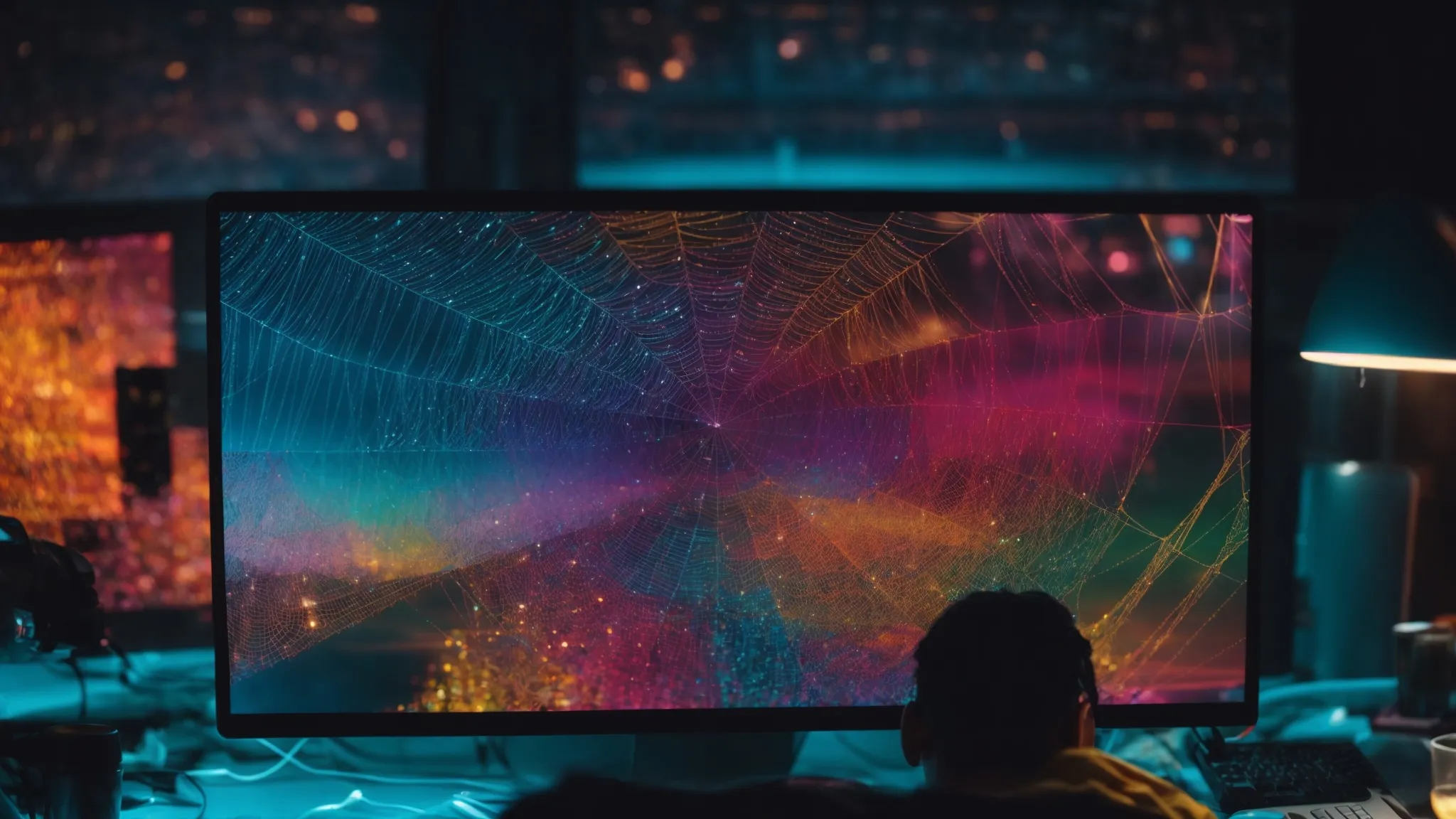 a view overlooking a person working on a colorful and intricate web design on a computer screen, symbolizing innovative online strategies.