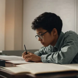 a student sits at a desk, concentrating intensely on plotting points on a graph in a notebook.