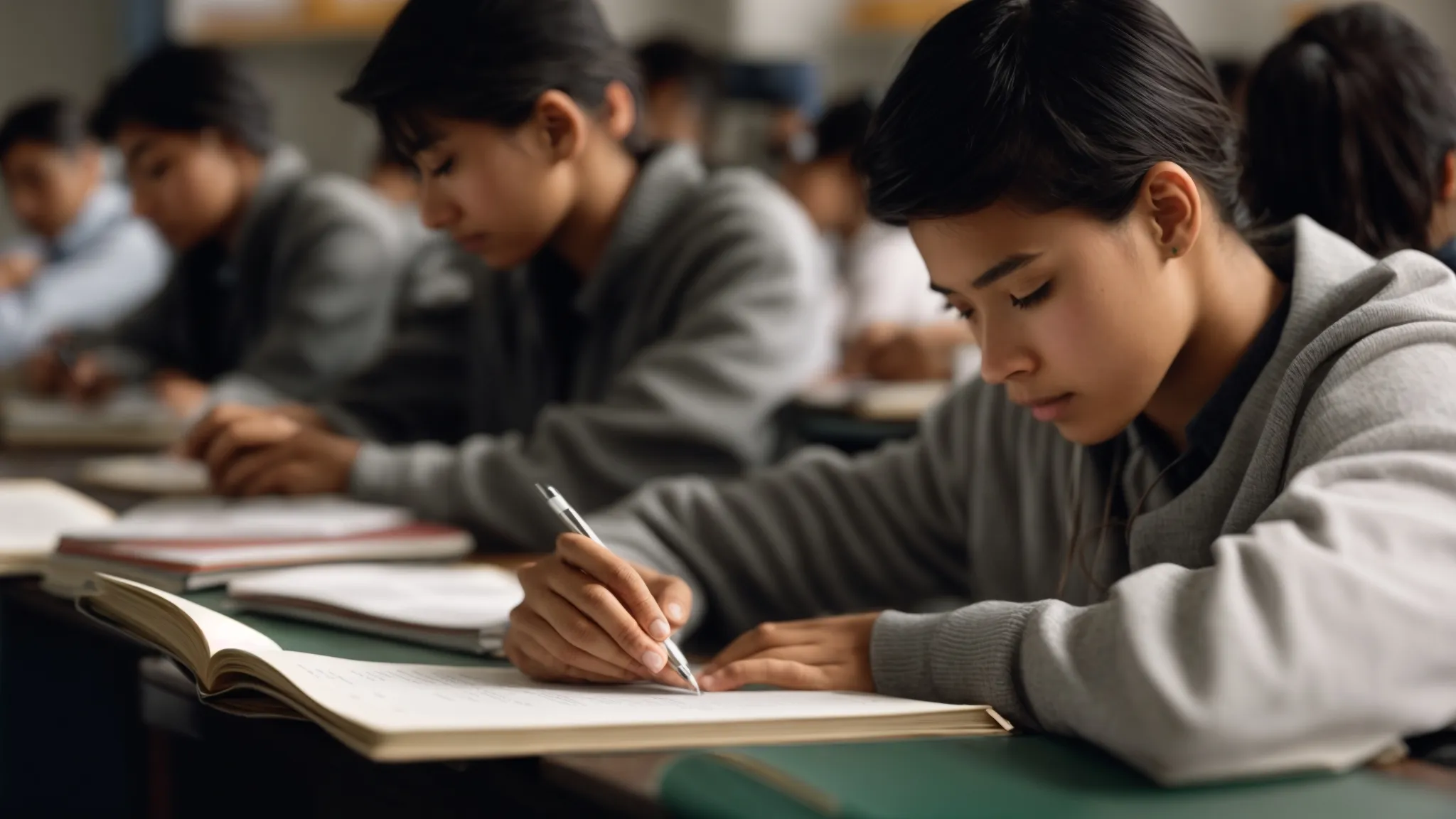 a focused student sits at a desk, intently studying a textbook filled with algebraic equations.