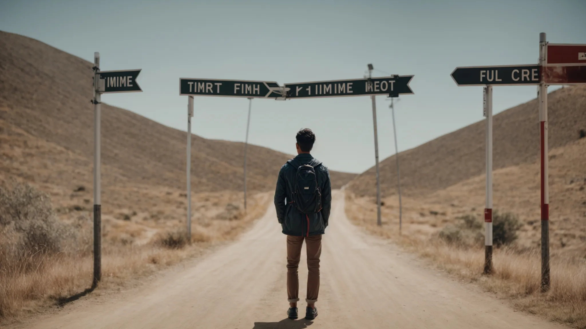 a young graduate stands at a crossroads signpost with arrows pointing towards paths labeled 