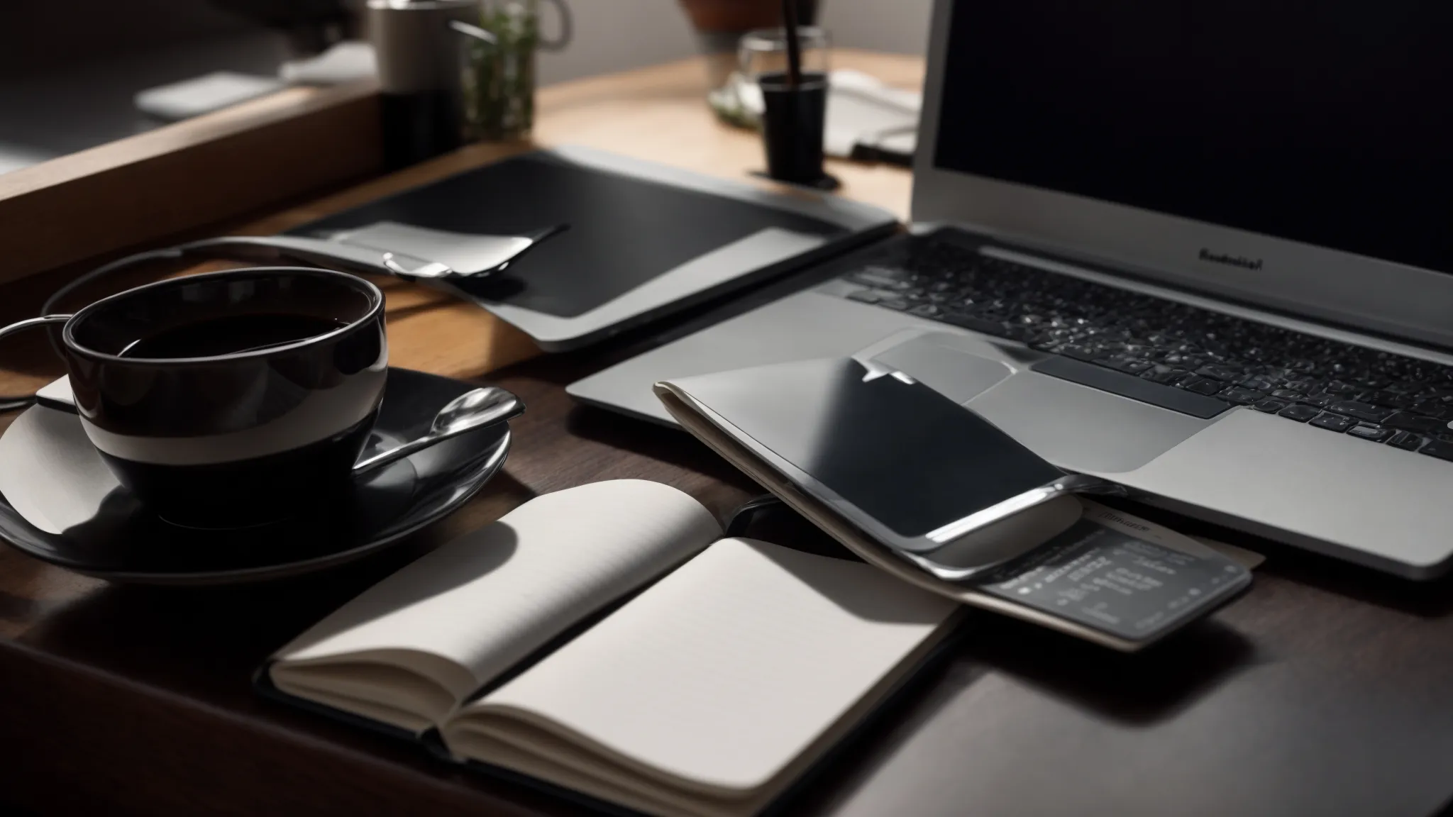 a professional desk setup with an open laptop displaying an analytic dashboard beside a neatly organized notepad and a cup of coffee.