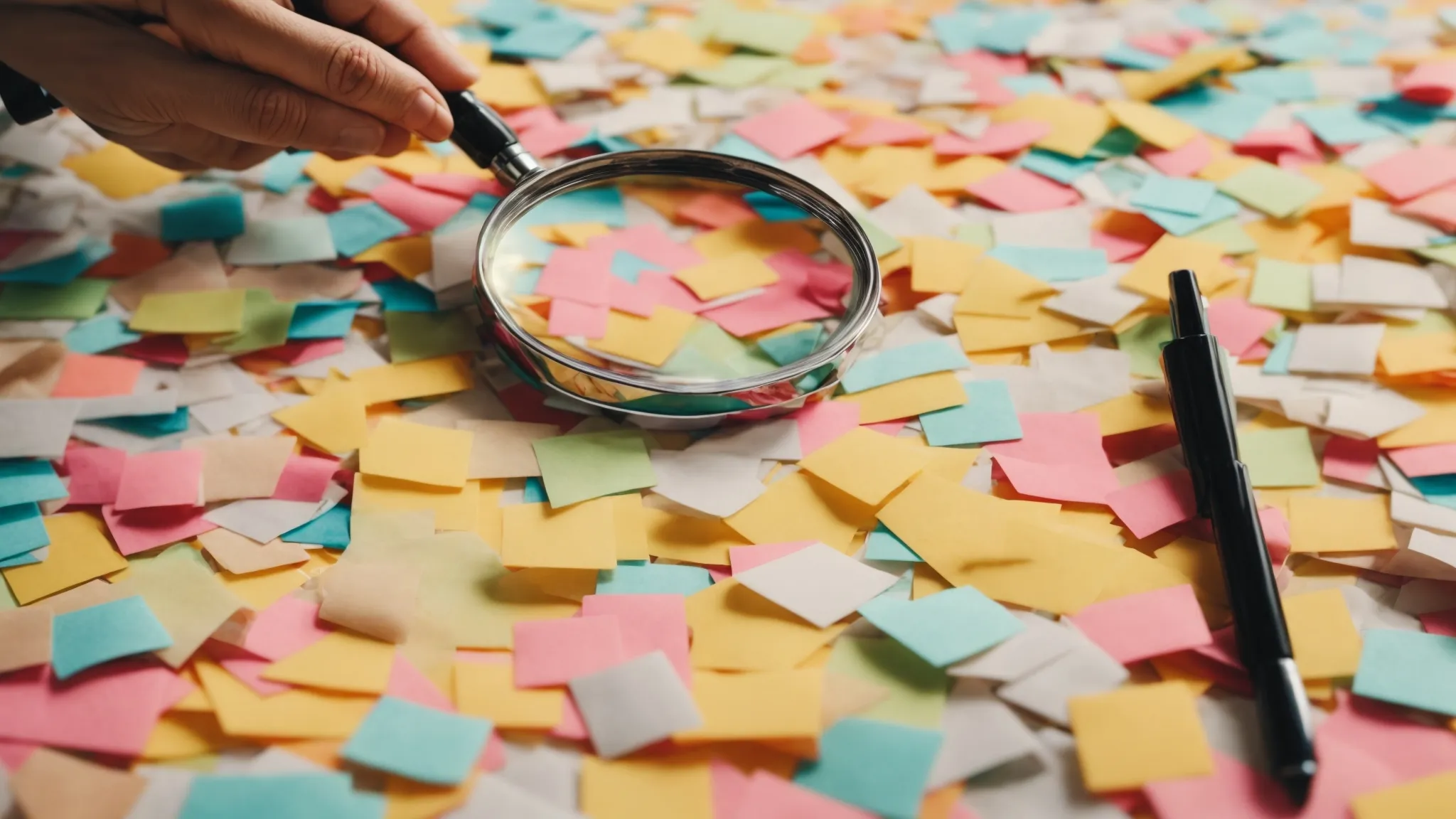 a person adjusts a large magnifying glass over an open book amidst a scattered assortment of colorful sticky notes and markers.