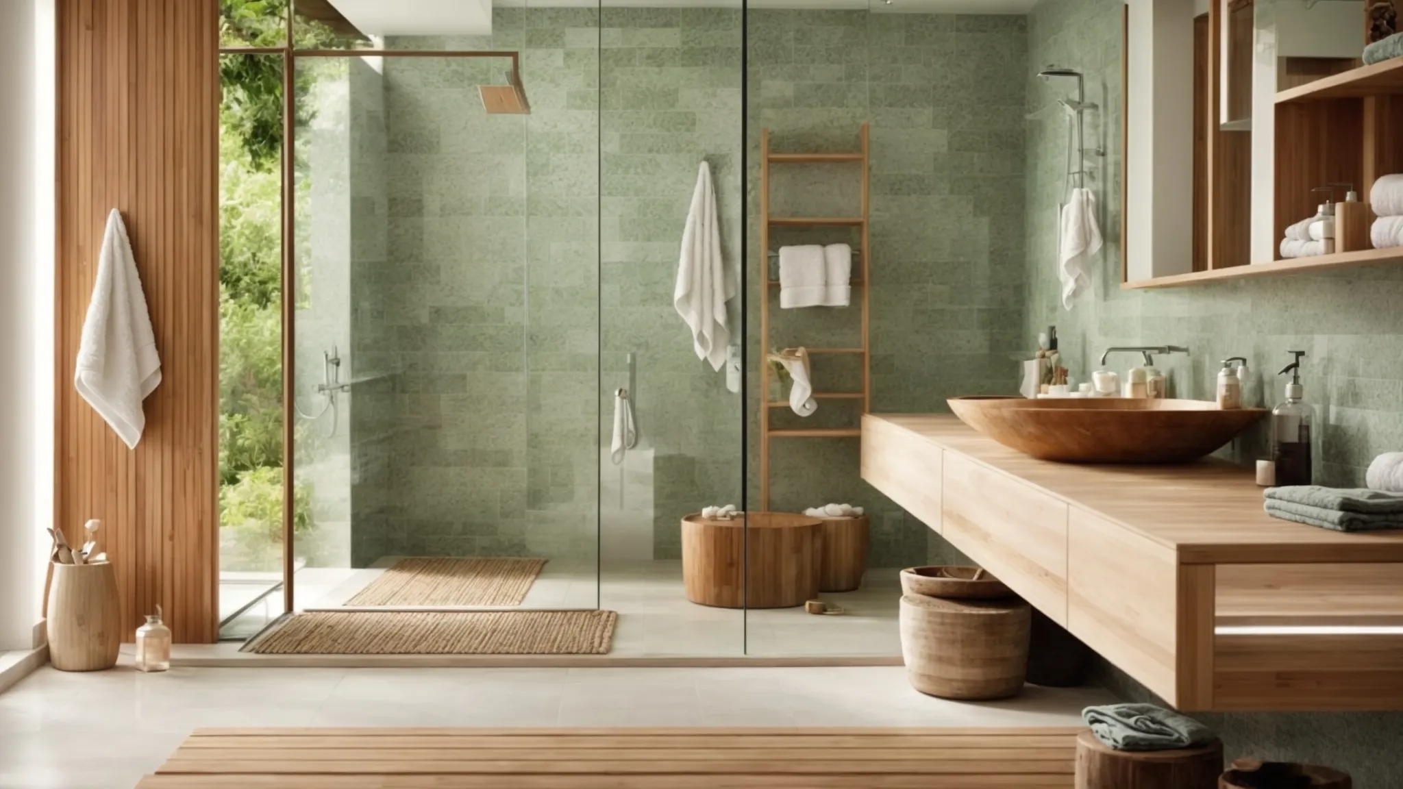 a serene bathroom showcases eco-friendly design with walls covered in recycled glass tiles, bamboo accents on shelves, and fluffy cotton towels hanging beside the shower.