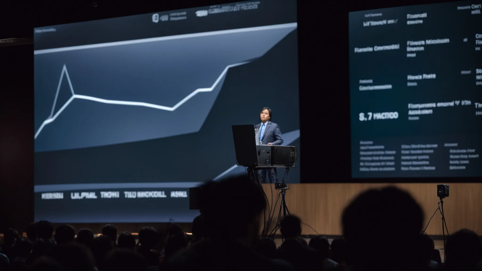 a person speaking into a microphone at a conference while a large screen displays captions of their speech for the audience.