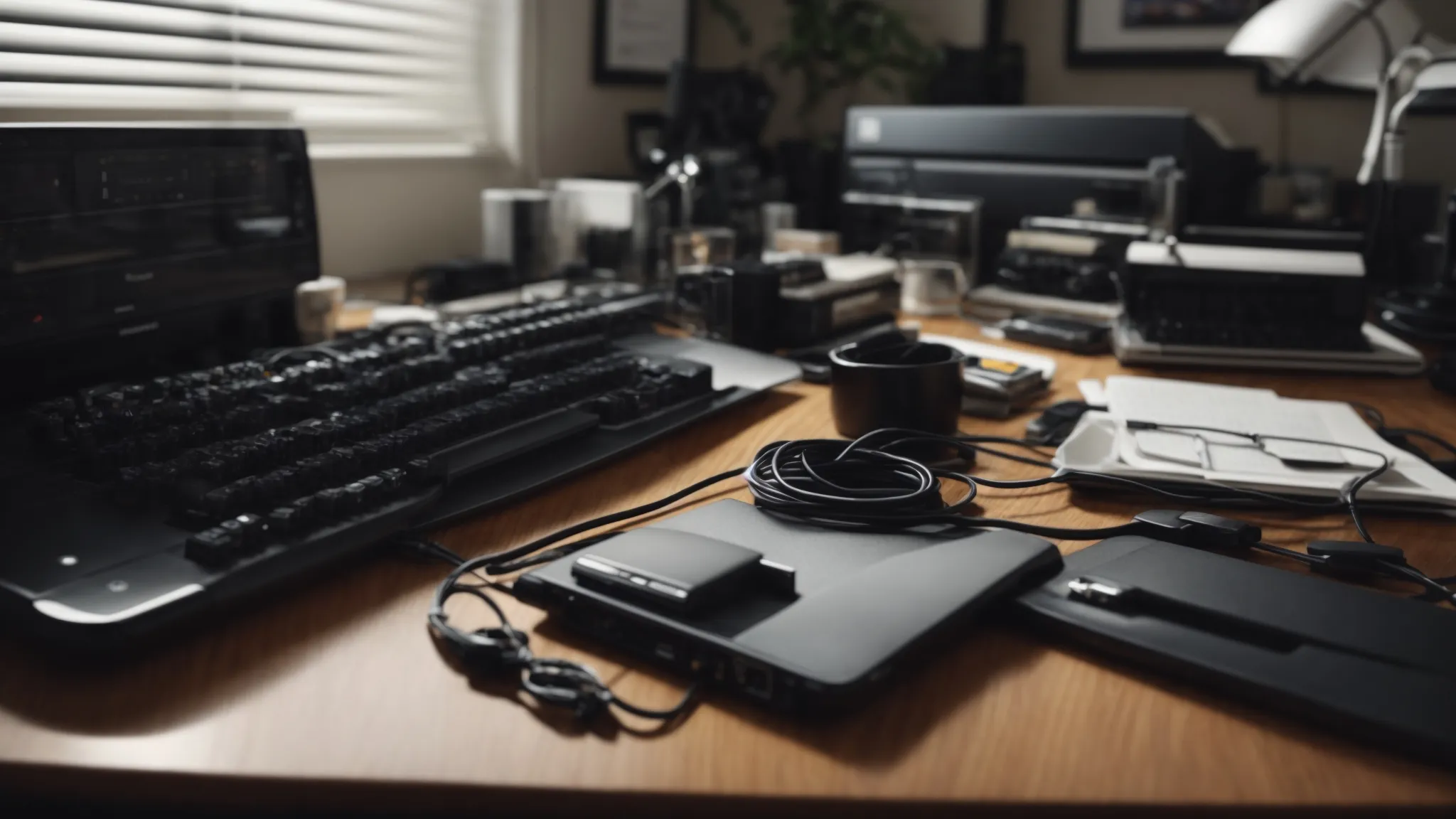 a neatly organized desk with cables arranged discretely using clips and under-desk trays, showcasing a clutter-free environment.