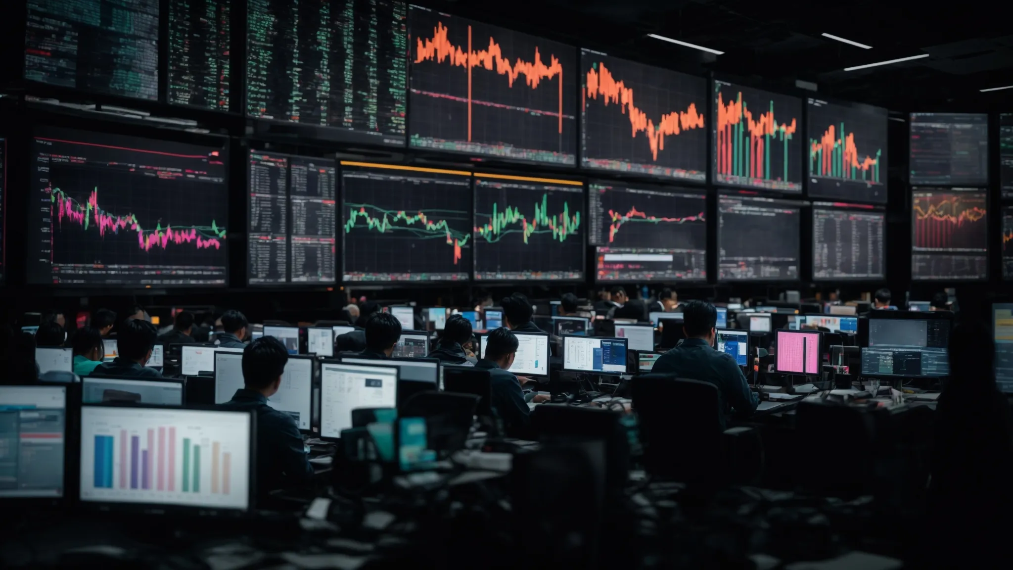 a bustling social media operations room with a team intently monitoring various large screens displaying colorful charts and graphs.