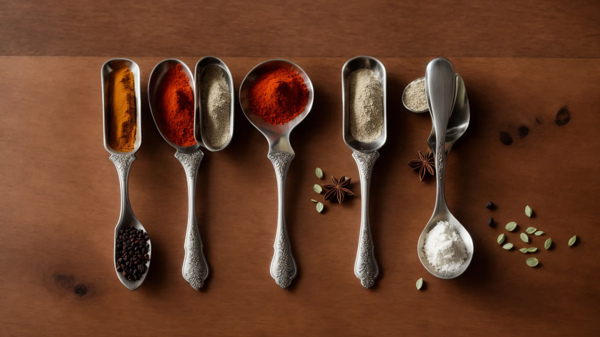 a row of narrow measuring spoons lays neatly on a wooden countertop surrounded by sealed spice jars.