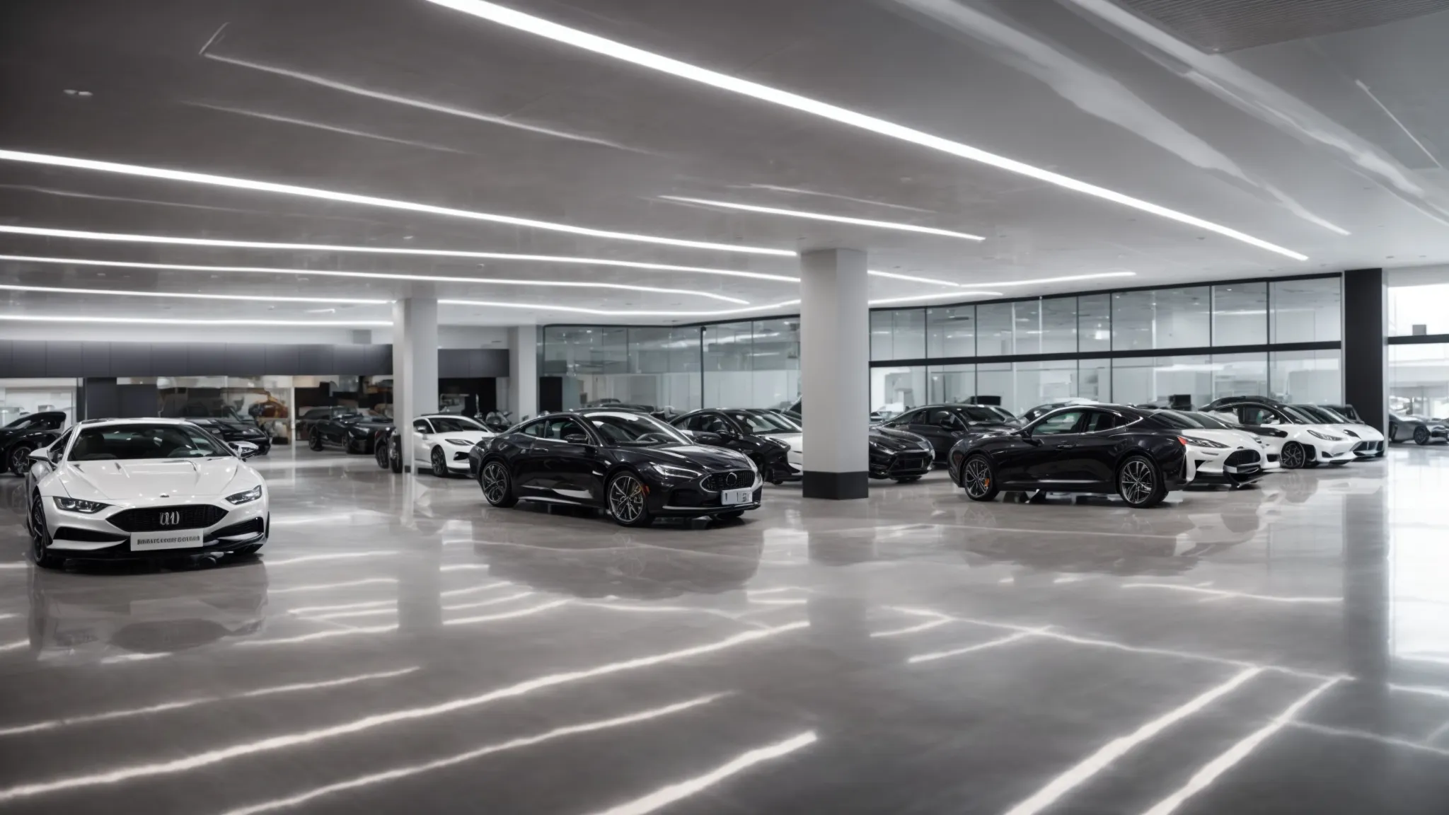 a spacious and modern car dealership showroom with bright lighting and a lineup of polished new cars, featuring interactive digital displays and attentive staff engaging with browsing customers.