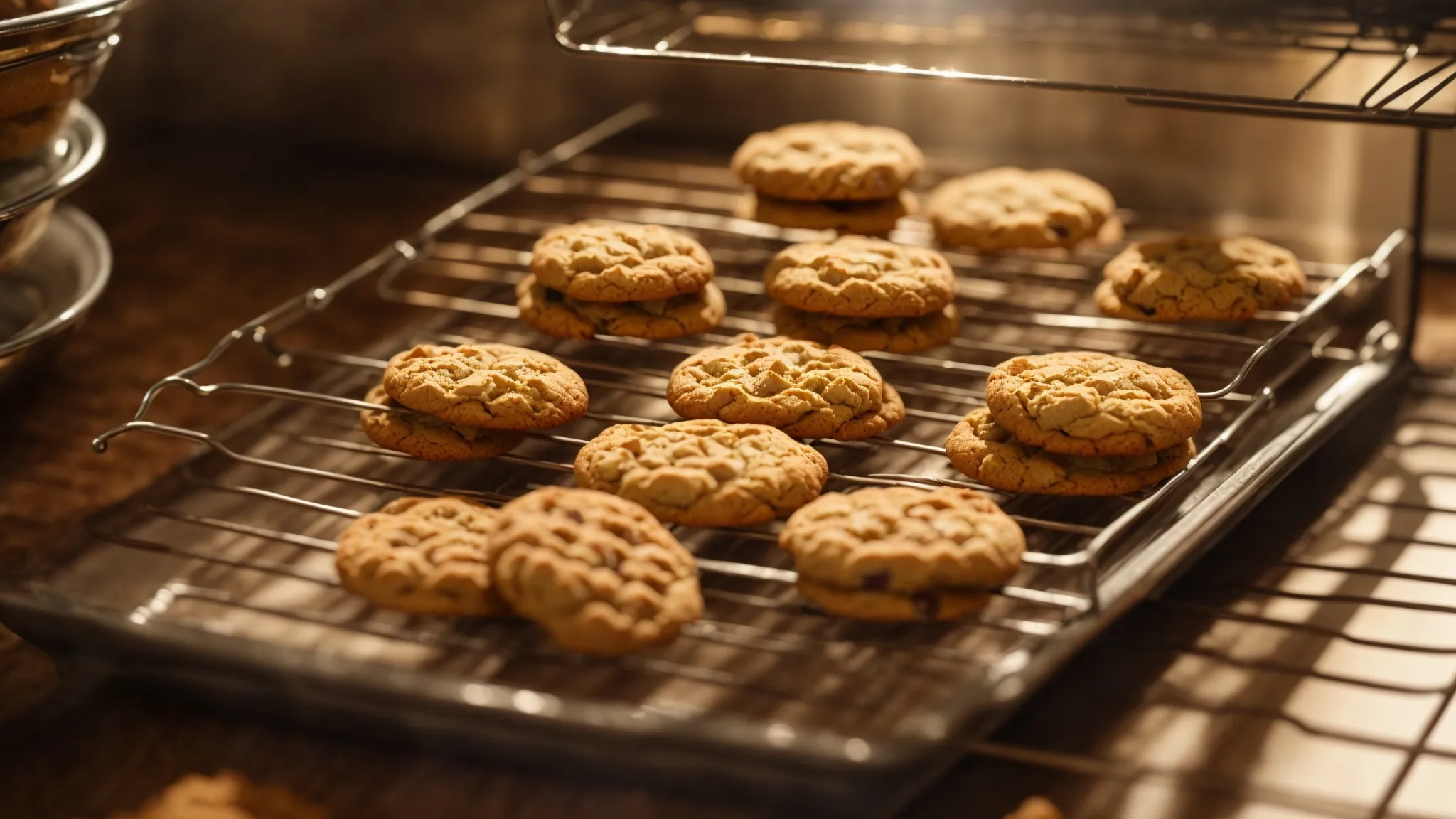 a baking sheet laden with golden brown cookies cool on a wire rack, emitting a tempting aroma in a sunlit kitchen.