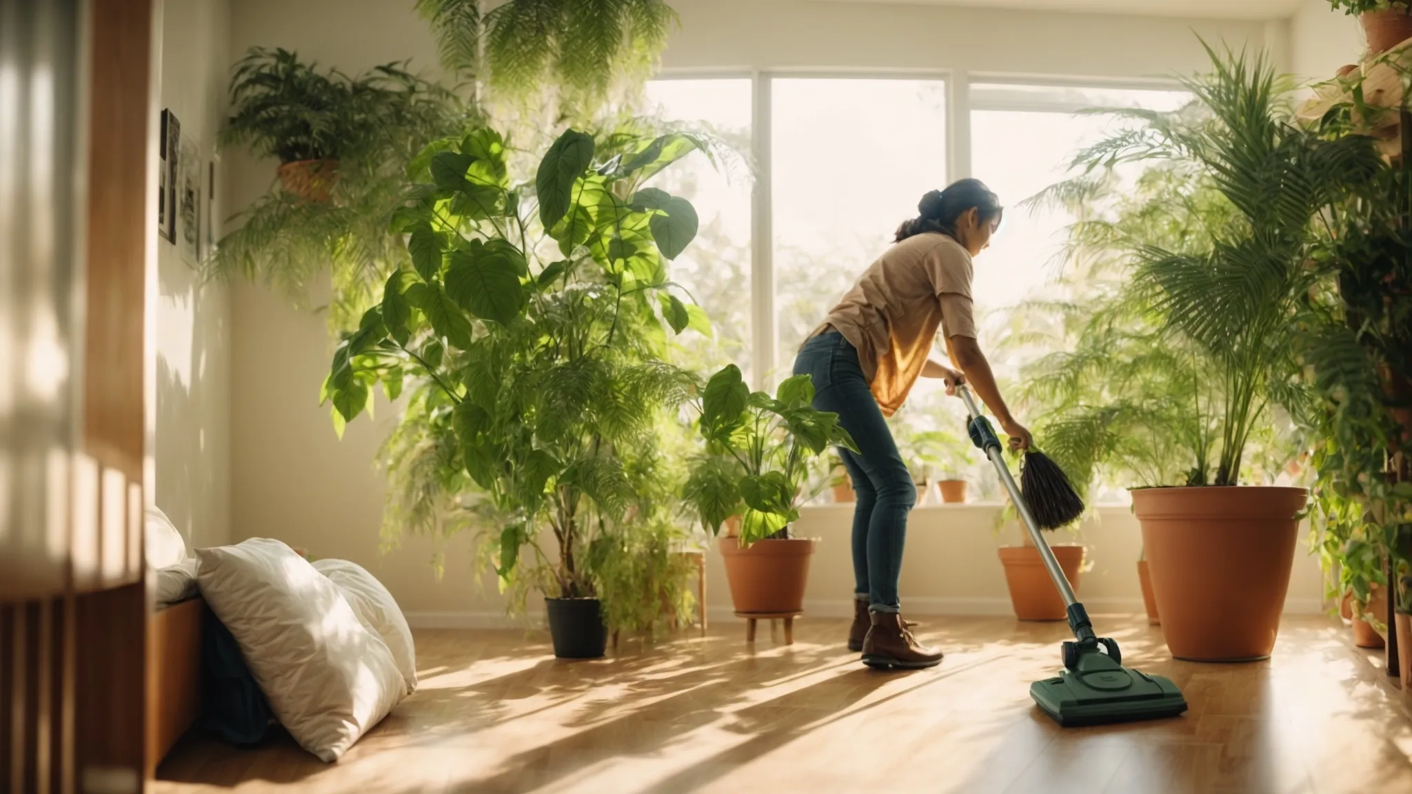 a person mopping a sunny, plant-filled room with a bottle of eco-friendly cleaner visible on the side.