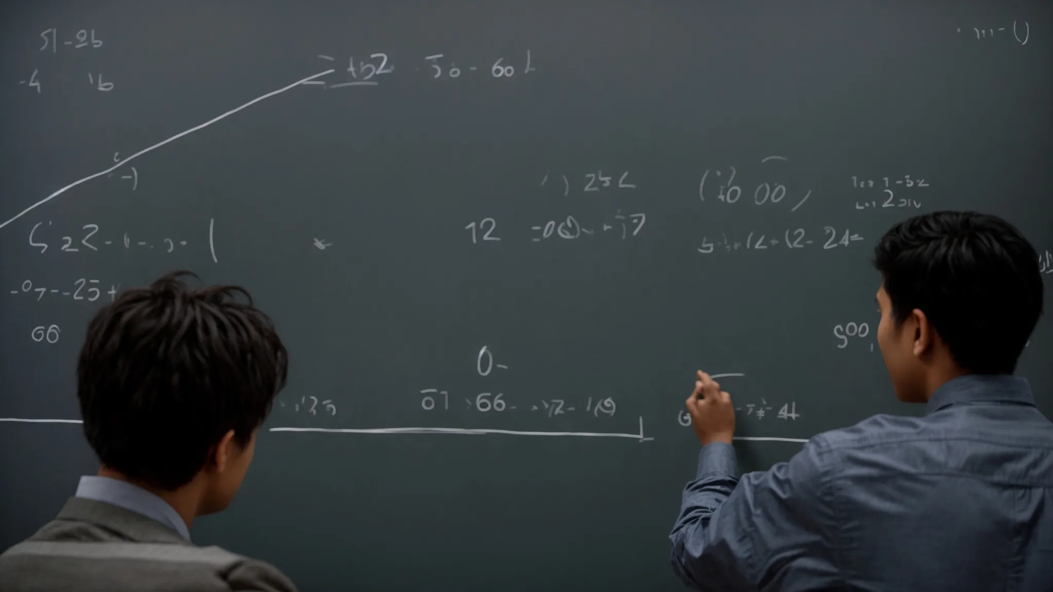 two students attentively observe a graph on a chalkboard while their mentor points to its linear equation.
