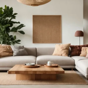 a modern living room furnished with a bamboo coffee table, cork flooring, and sofas upholstered with organic cotton fabrics.