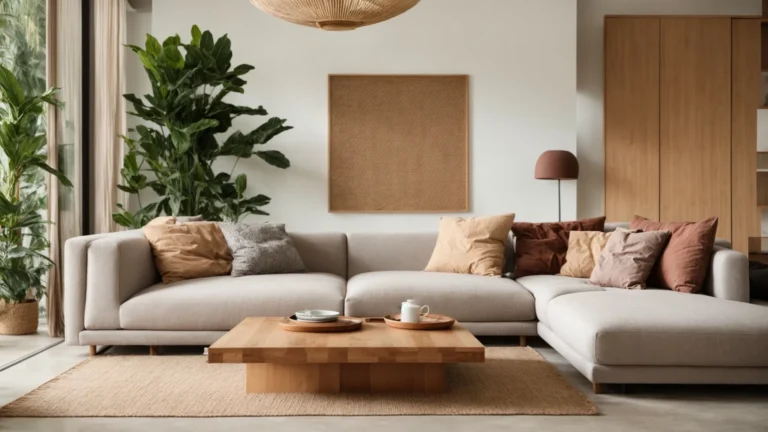 a modern living room furnished with a bamboo coffee table, cork flooring, and sofas upholstered with organic cotton fabrics.