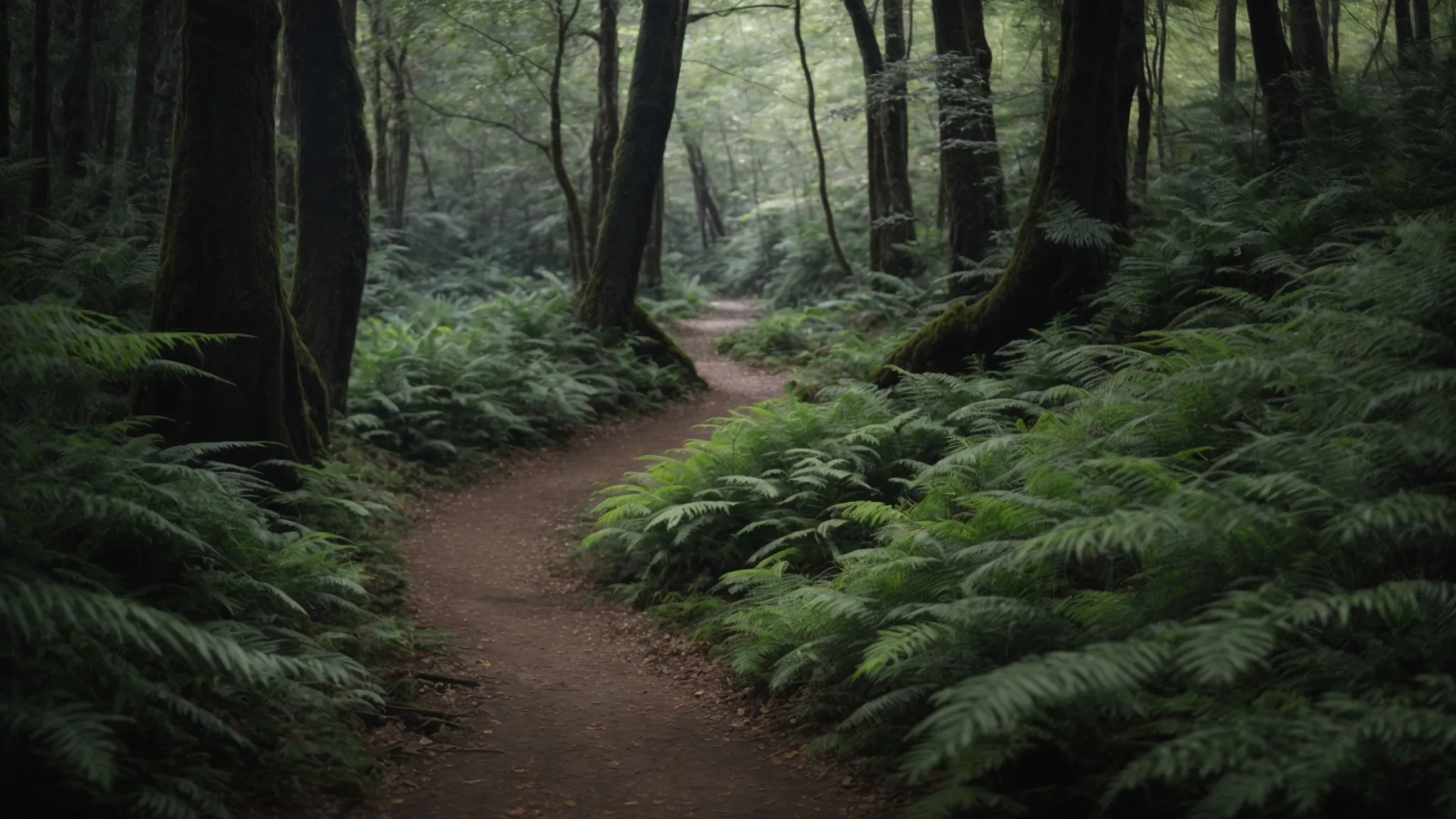 a path winding through a dense, unmarked forest, symbolizing the journey of discovery in unsupervised learning.