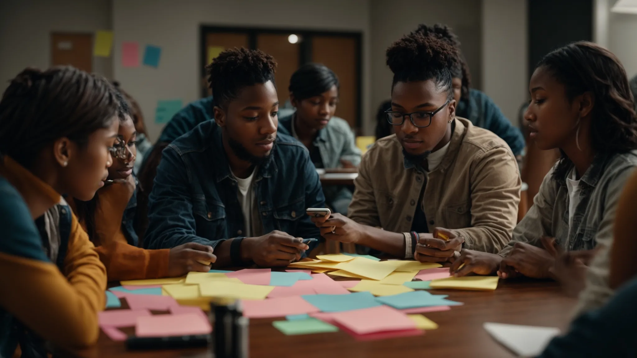 a diverse group of students gathered around a table, filled with colorful sticky notes and digital tablets, engaging in animated discussion.