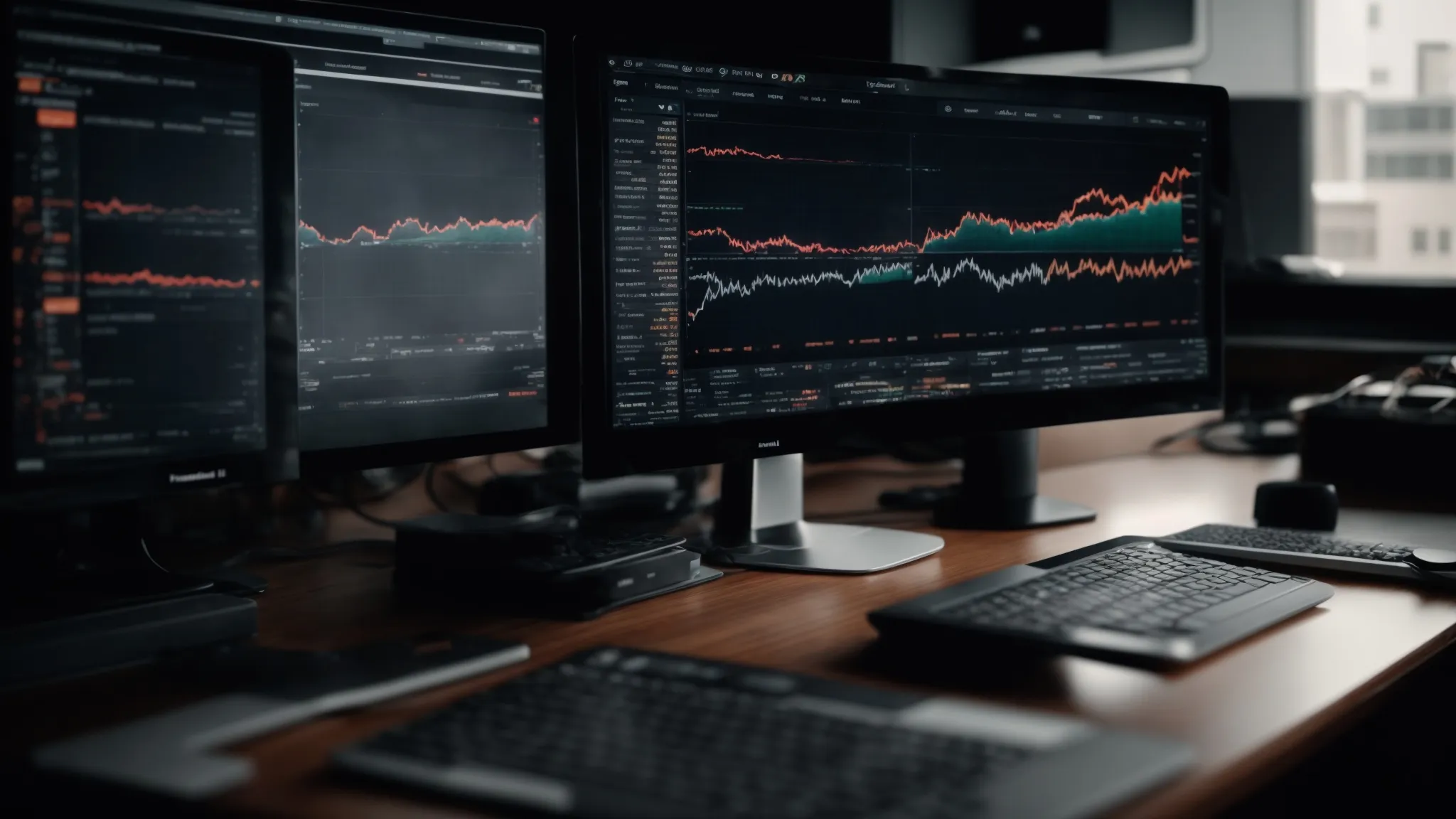 a computer screen displays complex analytics software with graphs and social media data visualization.