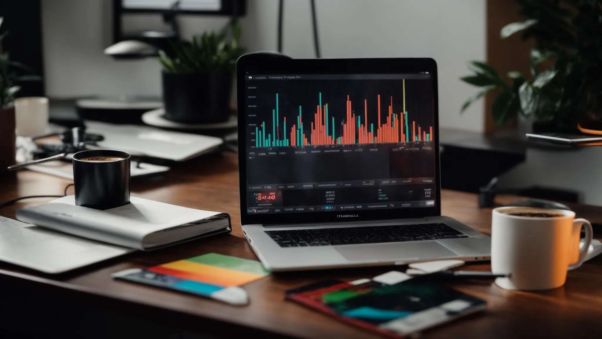 a laptop displaying colorful graphs and charts next to a notebook and a cup of coffee on a modern desk.