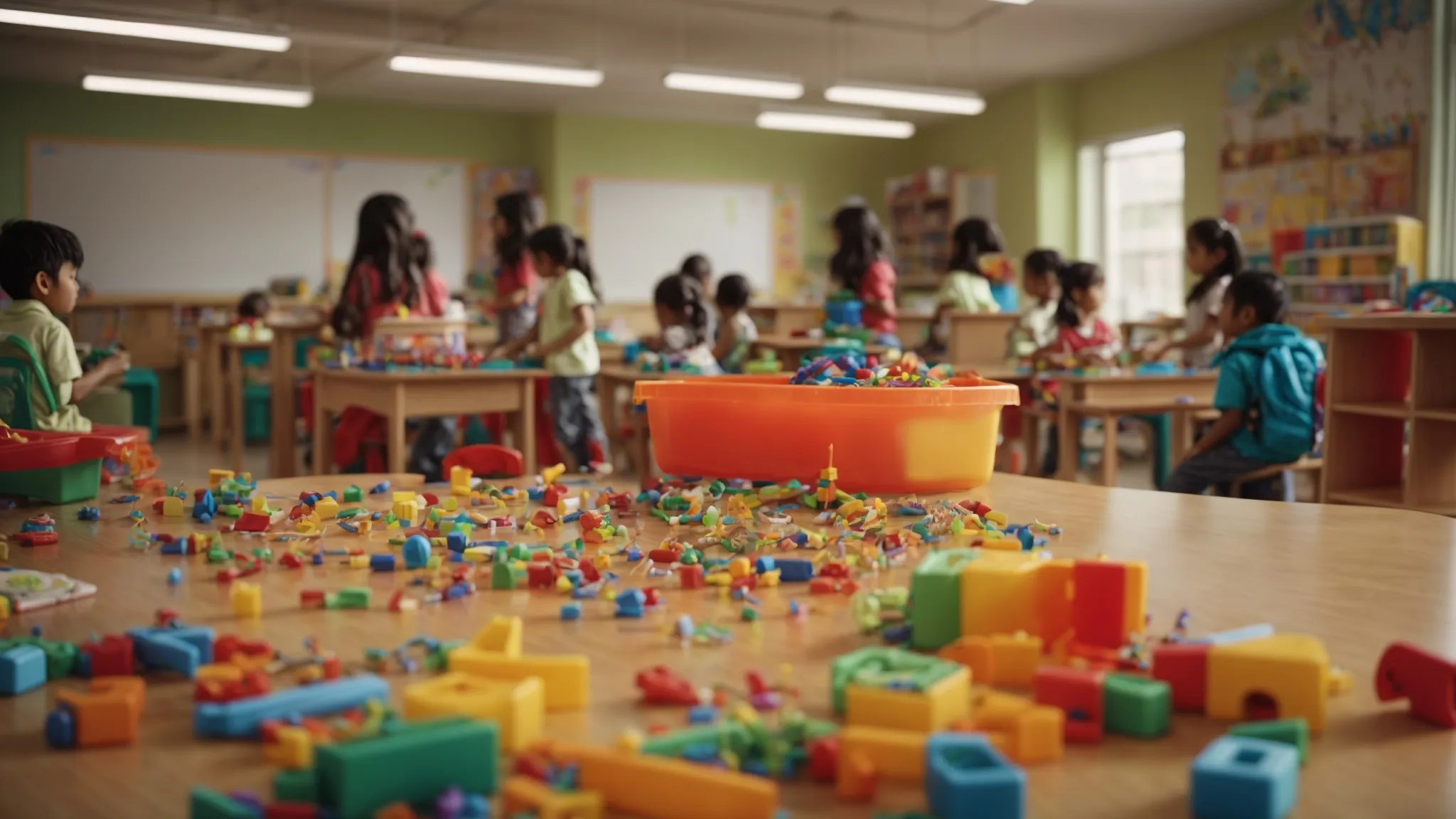 a vibrant classroom filled with colorful educational toys and diverse children engaging in interactive learning activities.