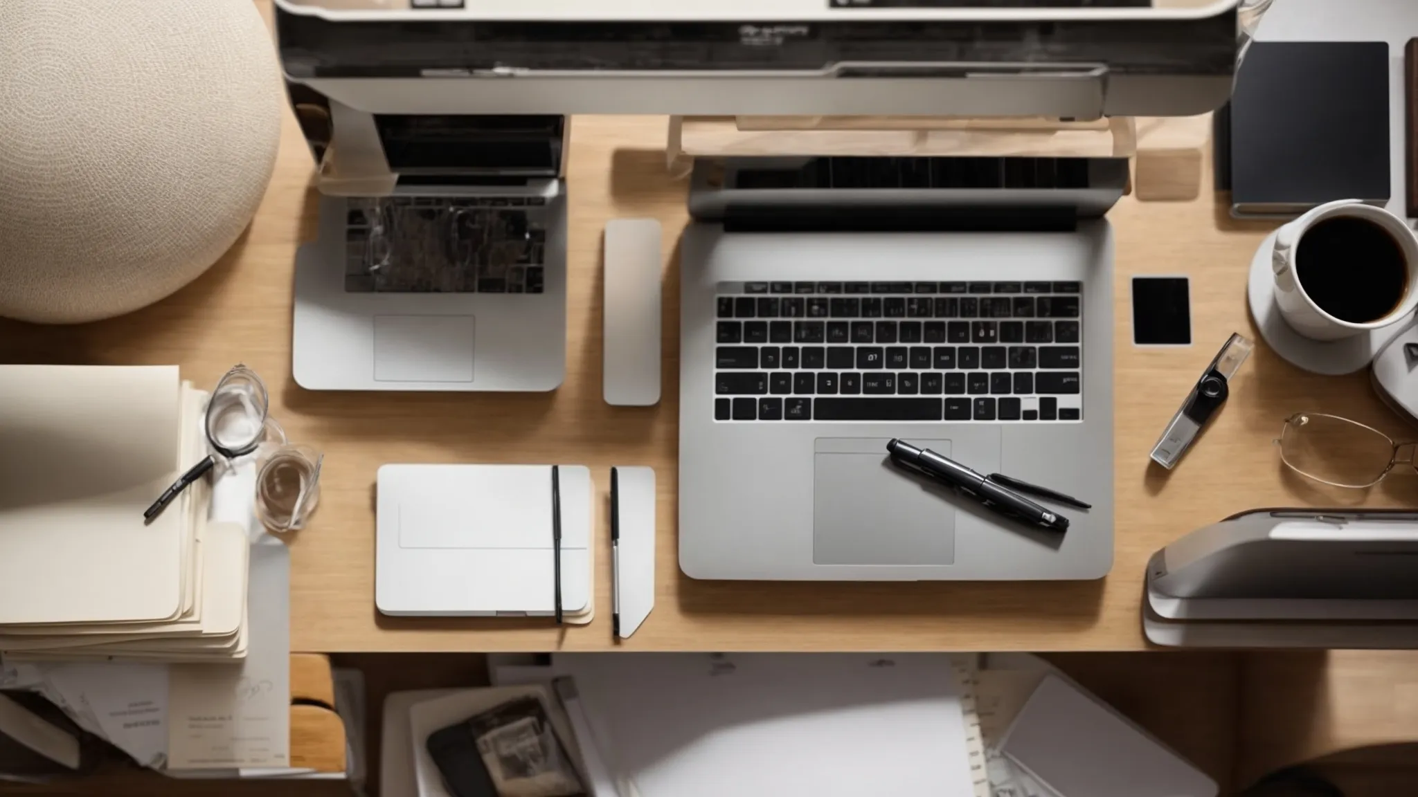 a clean desk with a few essential office supplies neatly arranged and ample open space for working.