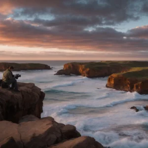 a professional photographer adjusts the settings on their camera while focusing on a breathtaking sunset over the ocean.