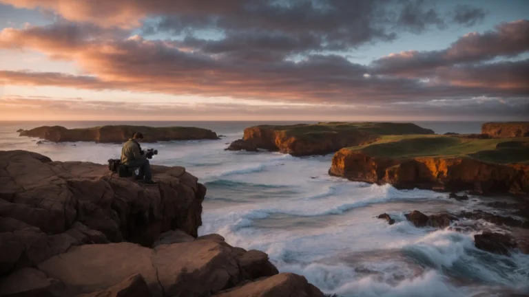a professional photographer adjusts the settings on their camera while focusing on a breathtaking sunset over the ocean.