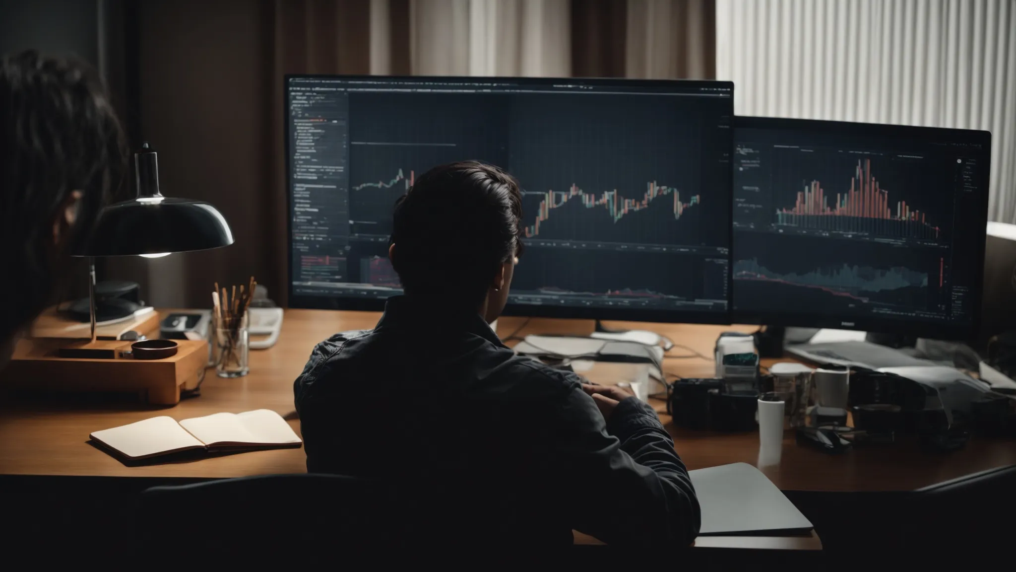 a person sits in front of a computer, analyzing charts and graphs on digital marketing trends.