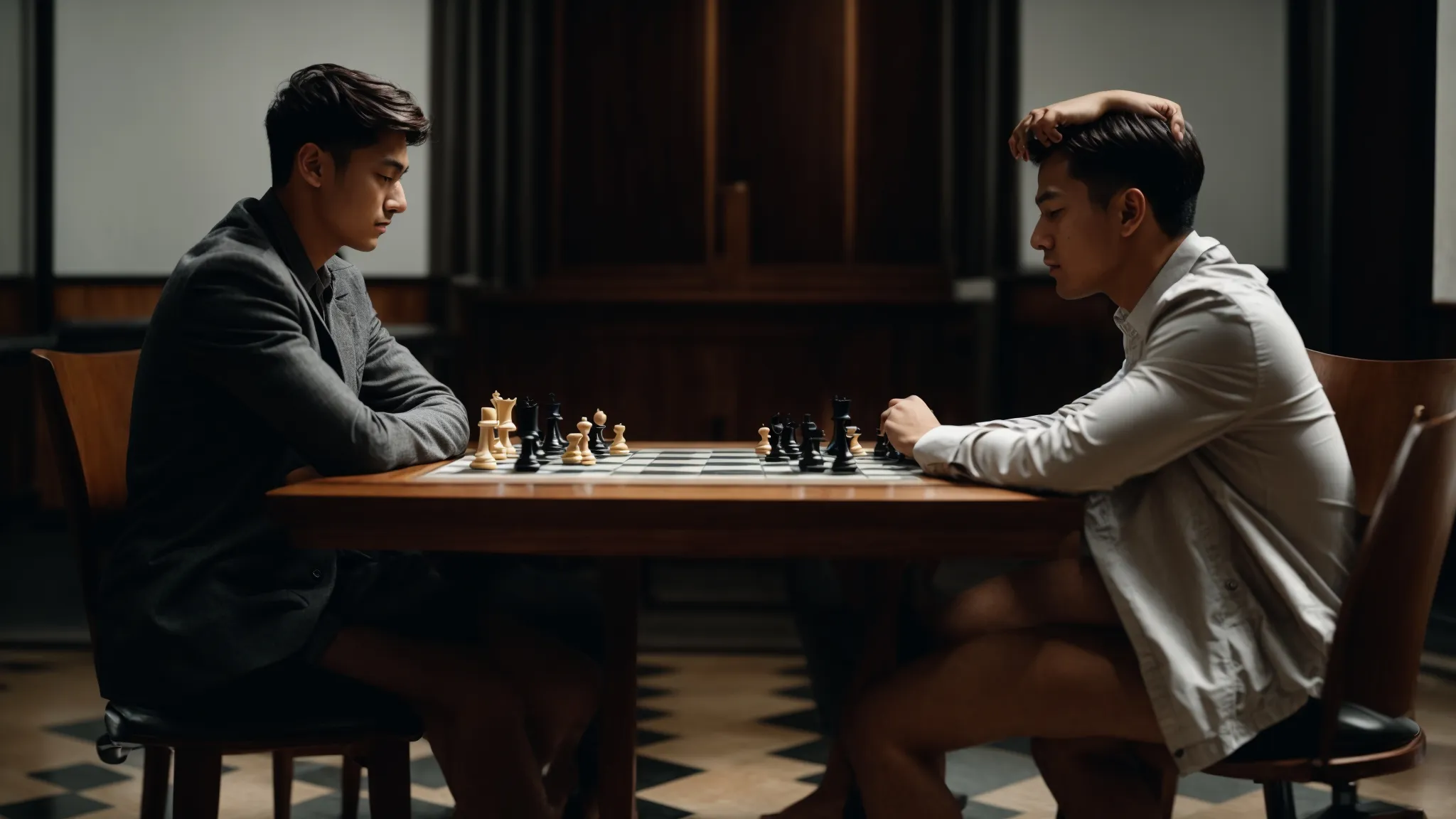 two people sit opposite each other, focused intently on a chess board between them in a quiet room.