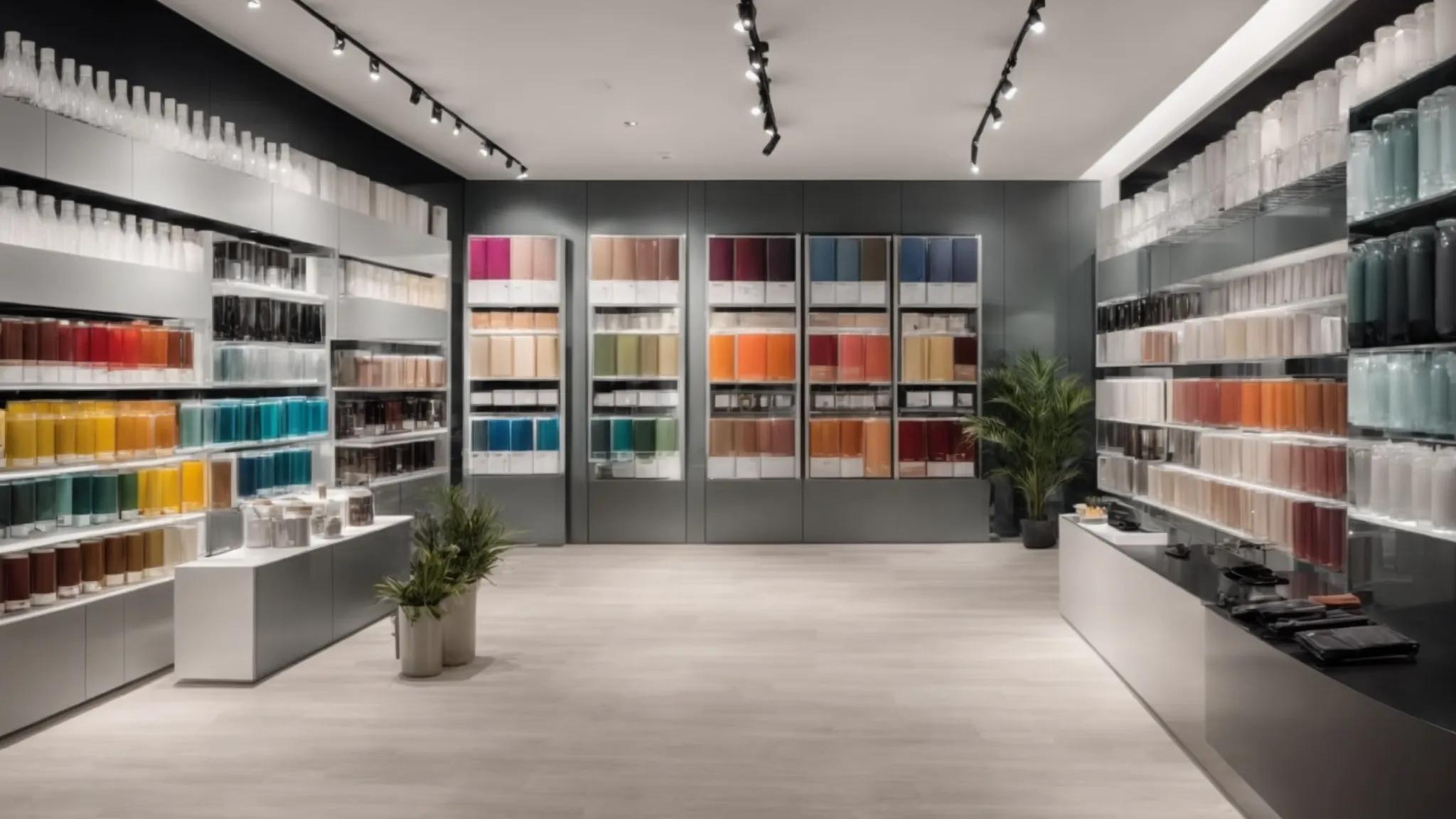 a sleek interior design store in naples showcases eco-friendly paint cans alongside a large digital screen displaying virtual room color simulations.