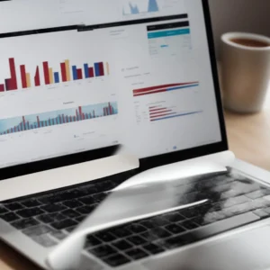 a laptop displaying charts and graphs analyzing website connections on its screen, situated on a clean, minimalist desk.