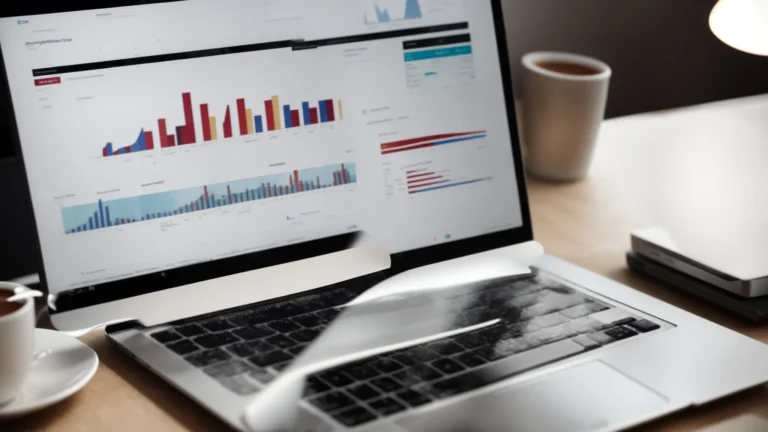 a laptop displaying charts and graphs analyzing website connections on its screen, situated on a clean, minimalist desk.