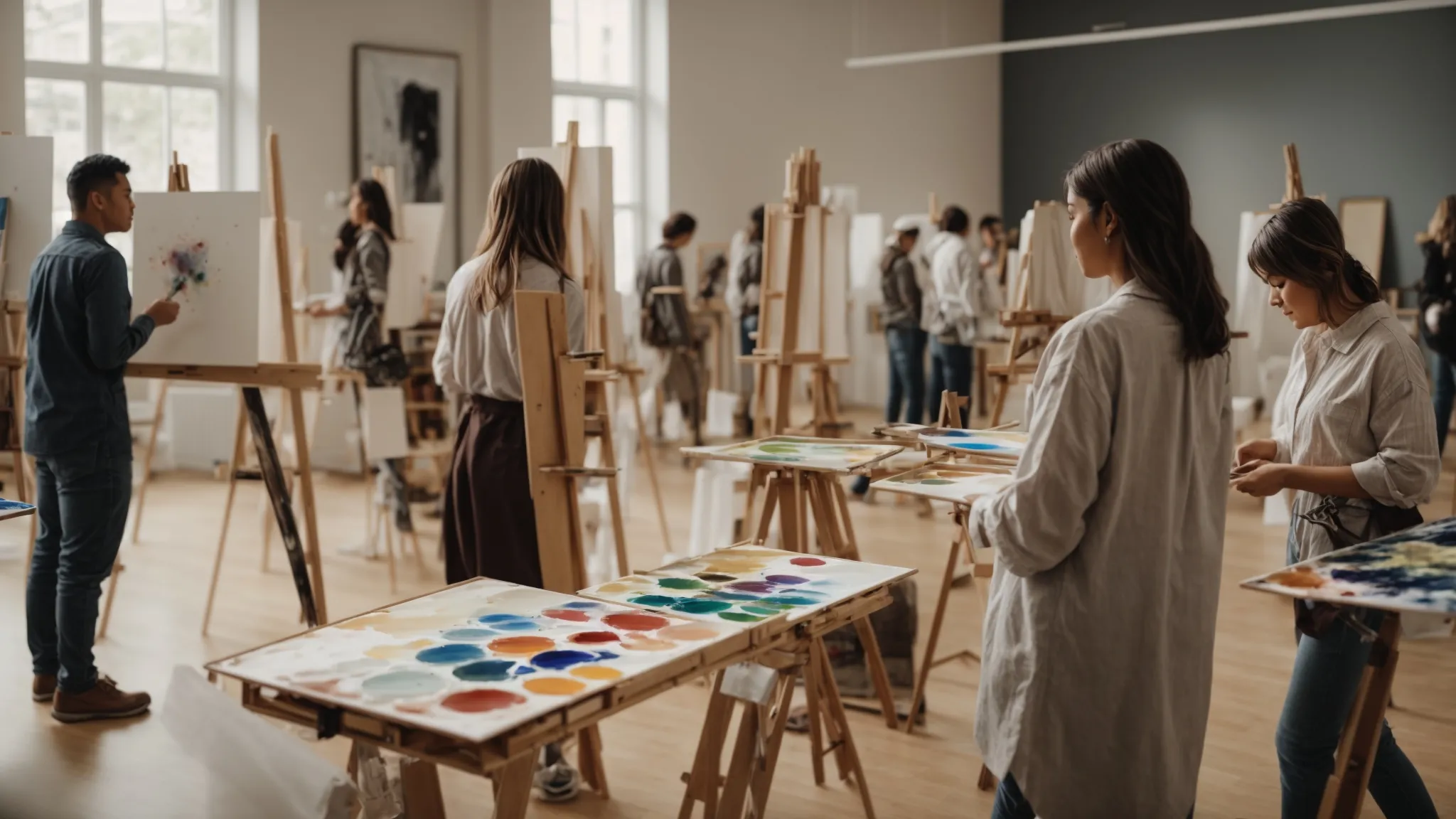 a spacious, well-lit room filled with easels and canvases as a diverse group of people actively engage in painting activities.