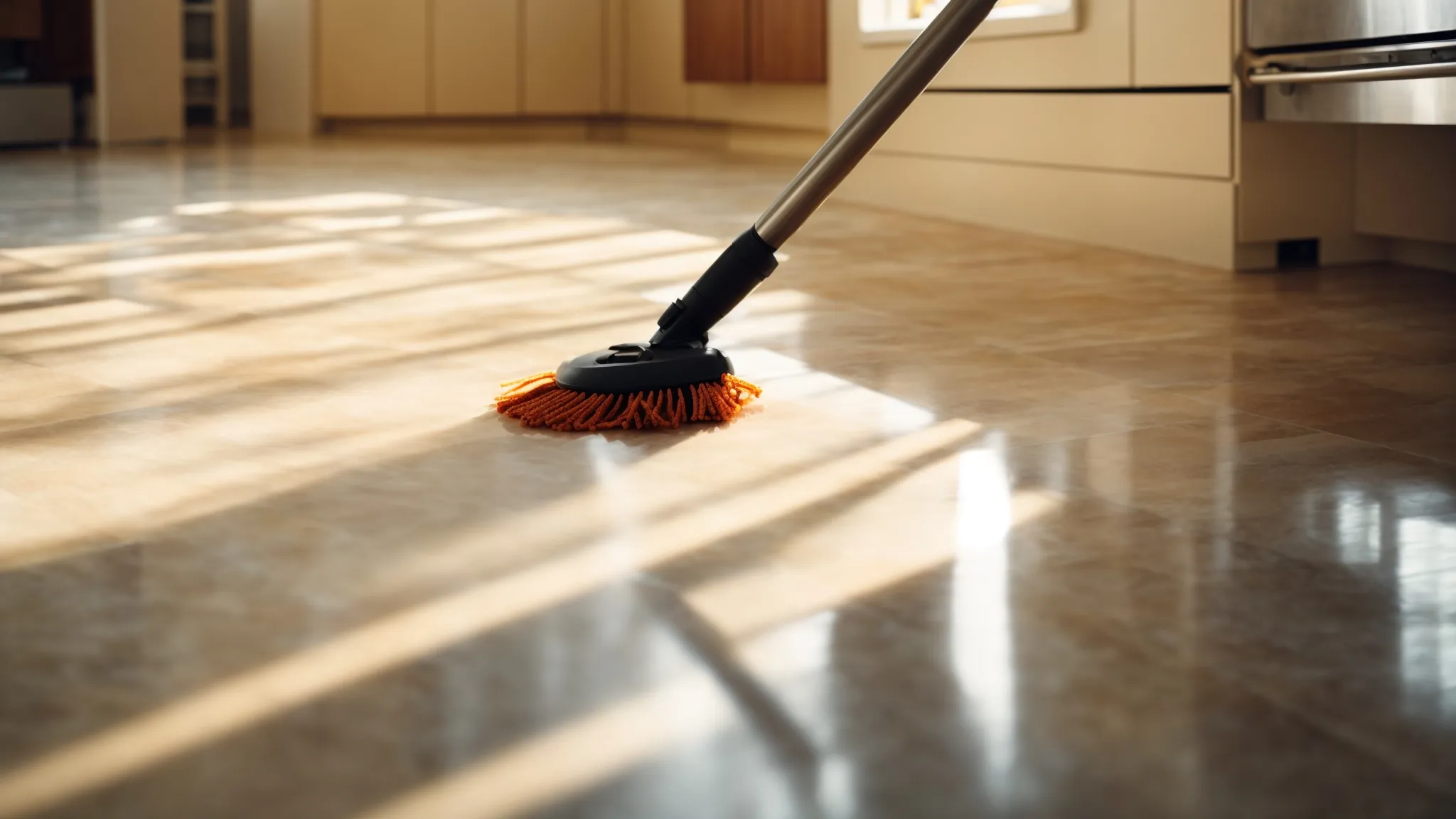 a gleaming kitchen floor reflects the sunlight streaming through a window, showcasing the effectiveness of a diy floor cleaner.
