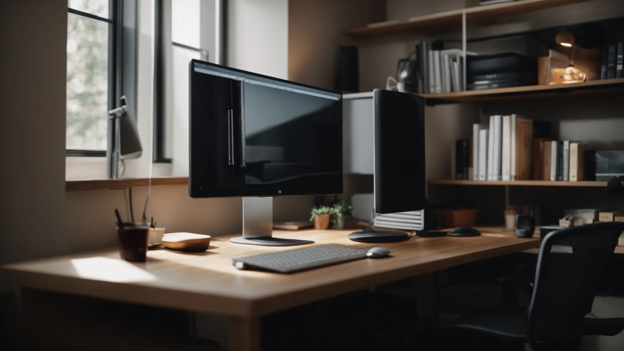 a computer monitor is perfectly positioned on a clean desk in front of a comfortable office chair, under a bright lamp.