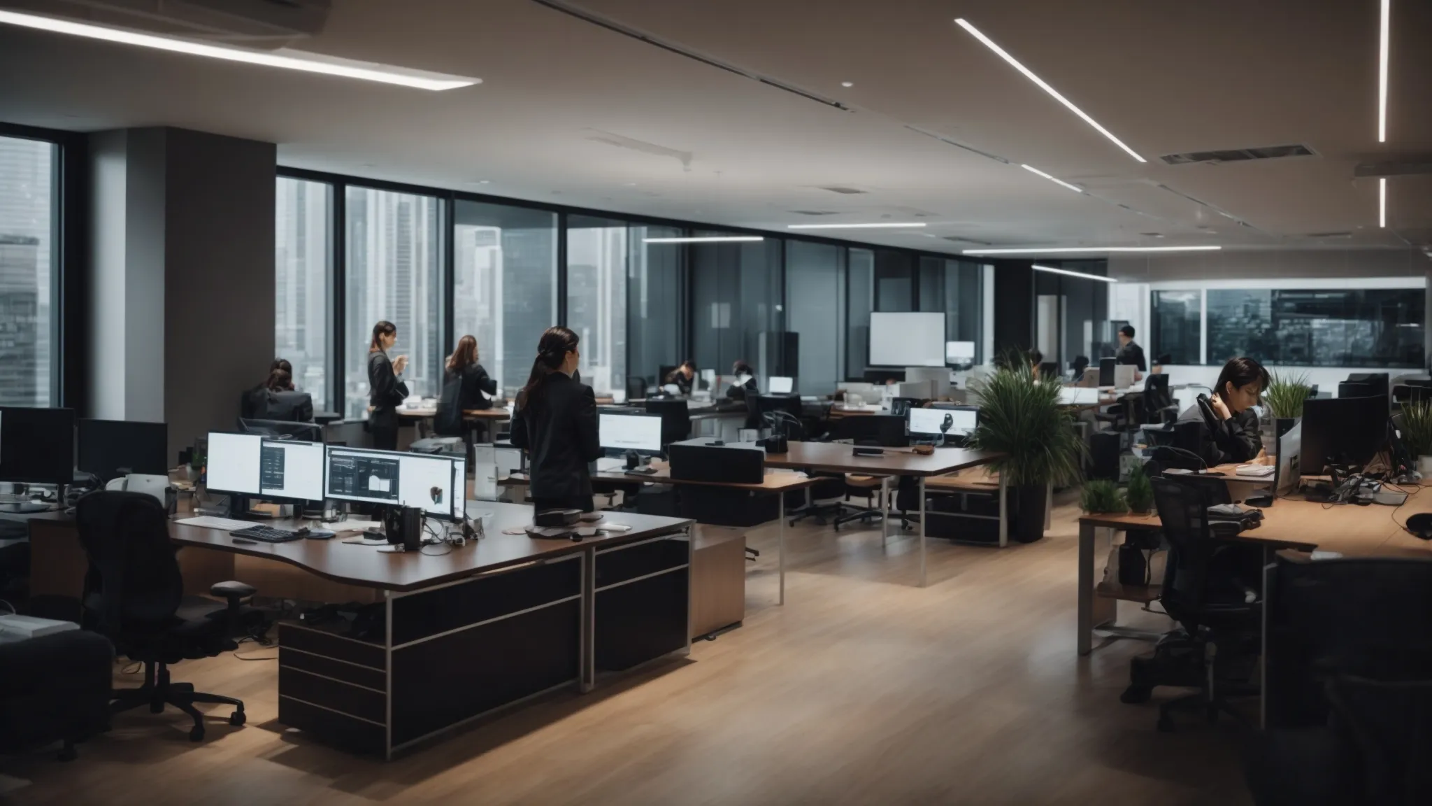 a sleek, modern office filled with cutting-edge technology and vibrant, engaged teams collaborating on digital projects.