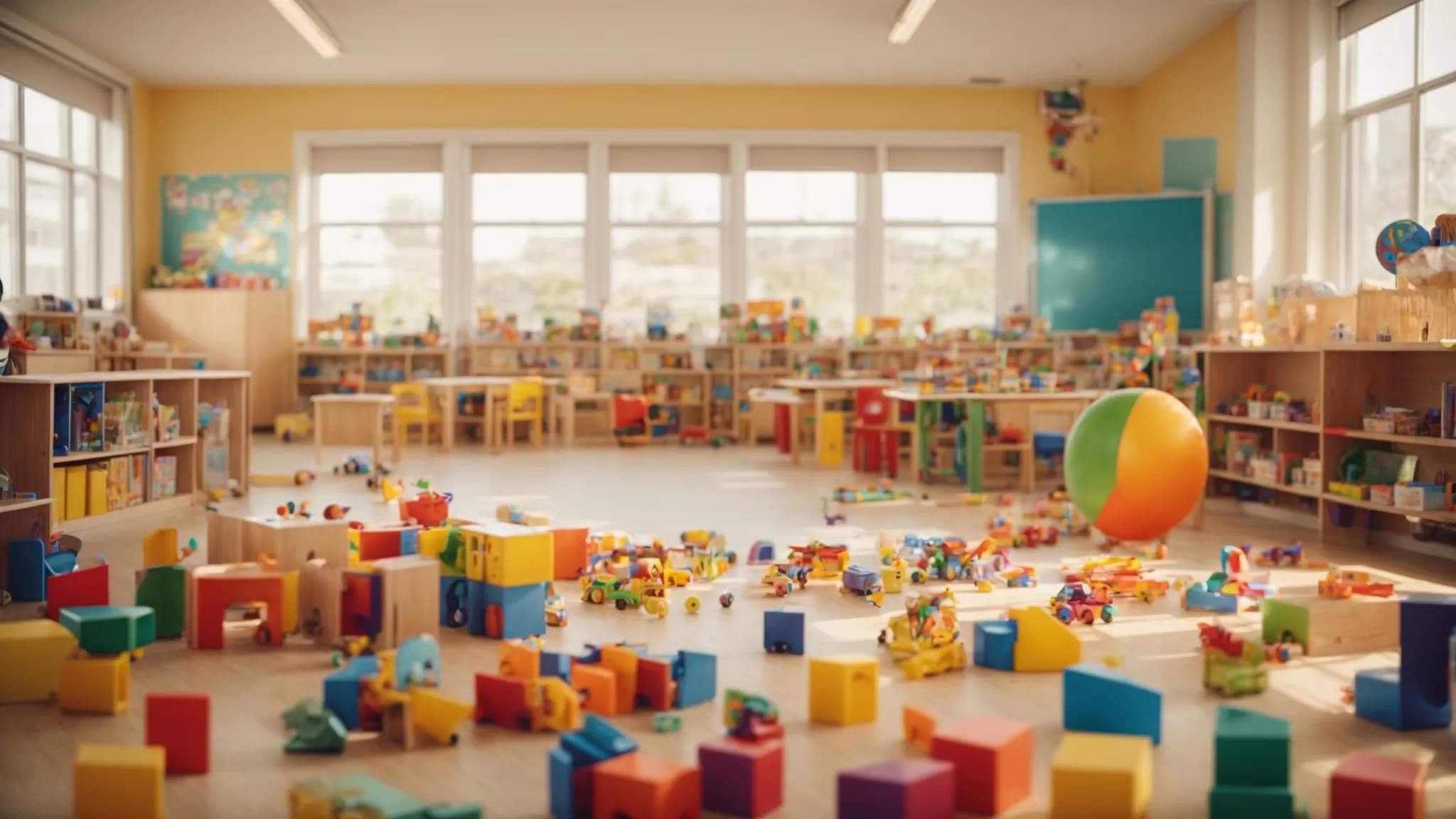 a classroom filled with colorful educational toys and books, where preschool children are deeply engaged in playful learning activities.