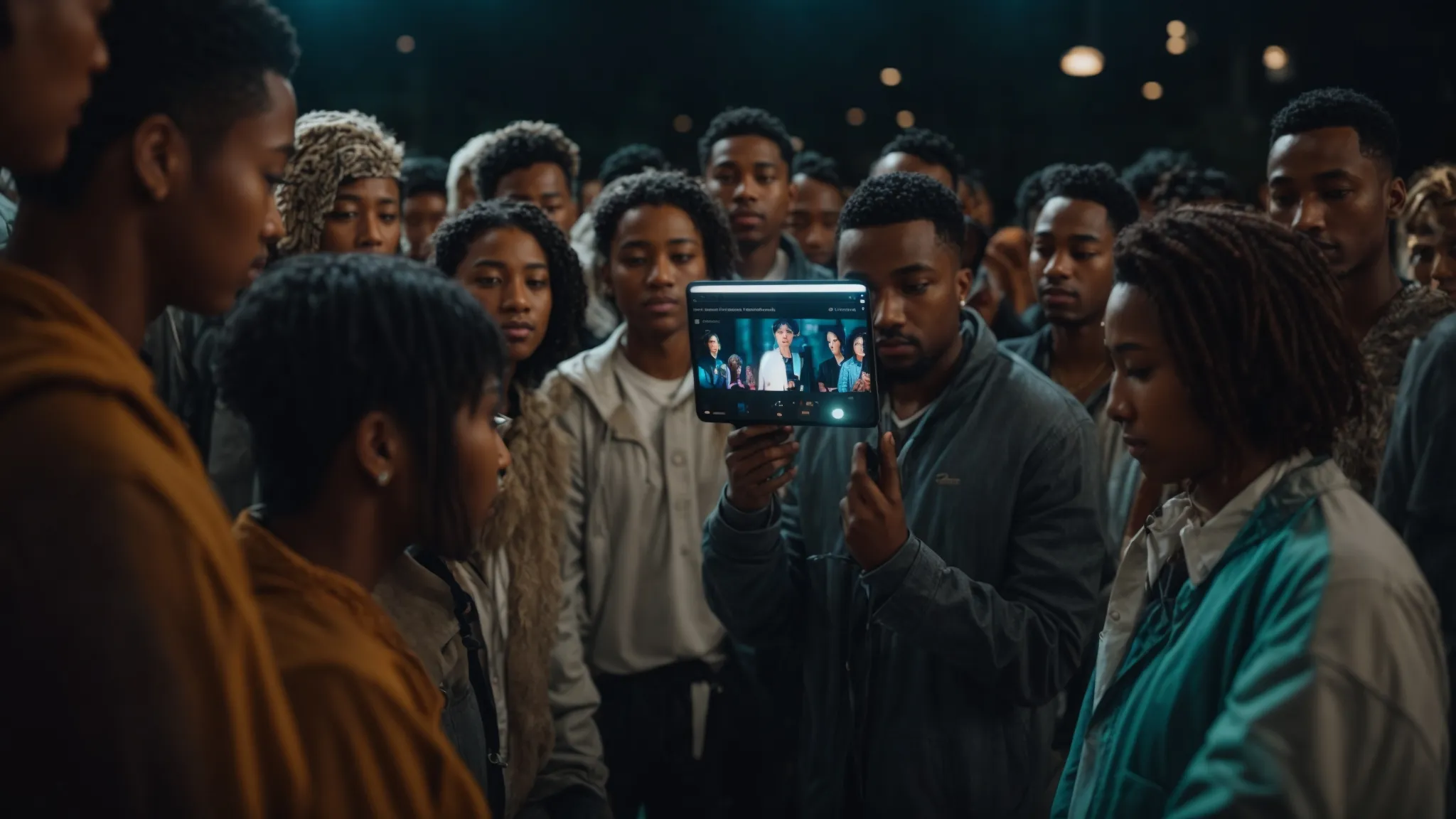 a group of diverse people gathered around a large, illuminated screen showcasing a social media interface.