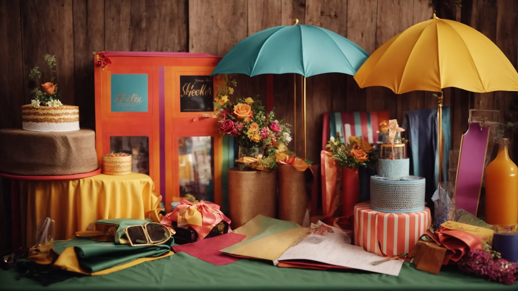 a photo booth at a wedding, festooned with an array of colorful props on a neatly organized table, beckons guests to partake in the fun.