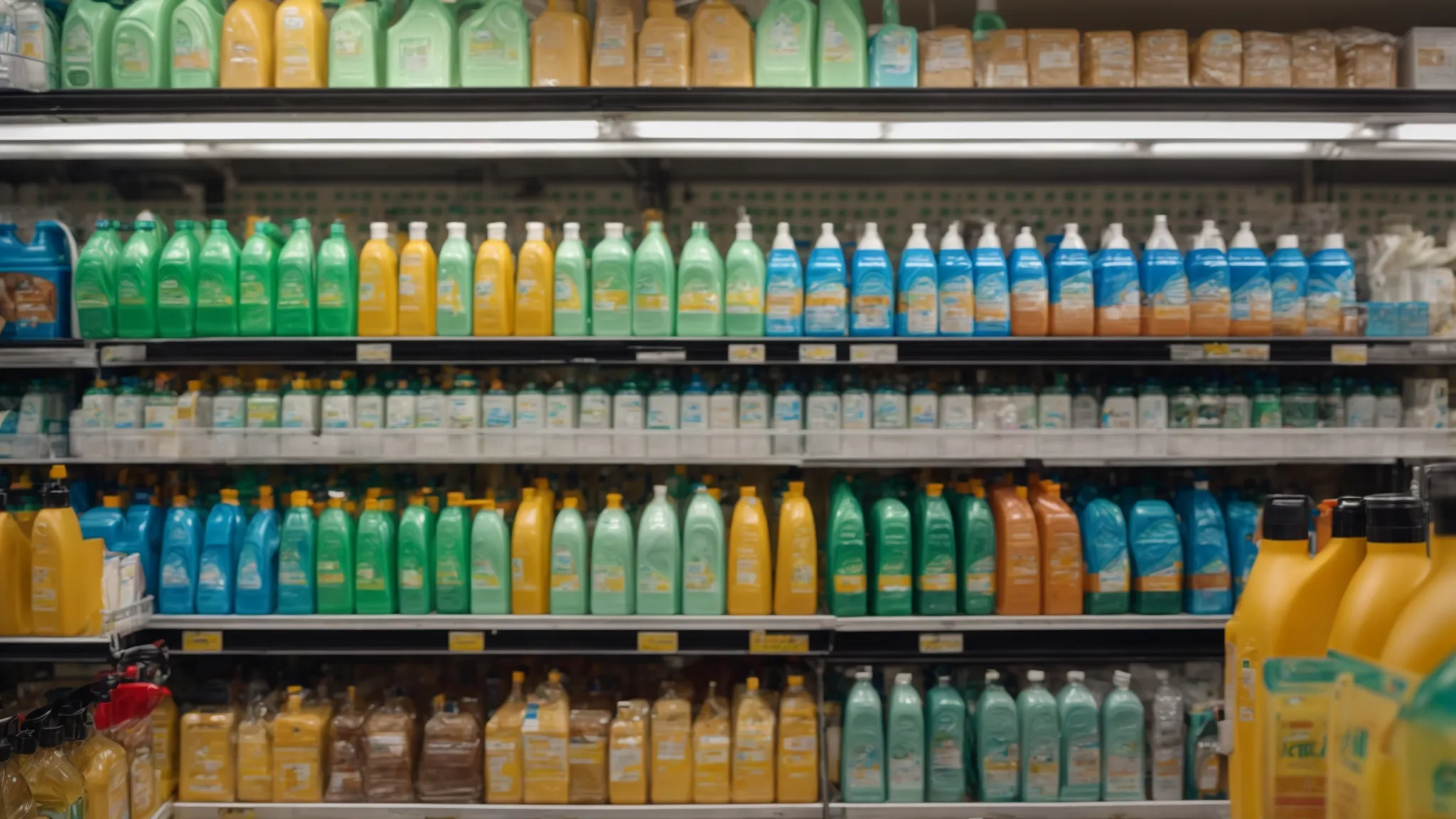 a row of purdy floor cleaner bottles stands prominently on a shelf, towering over competing brands in a bright, eco-friendly store aisle.