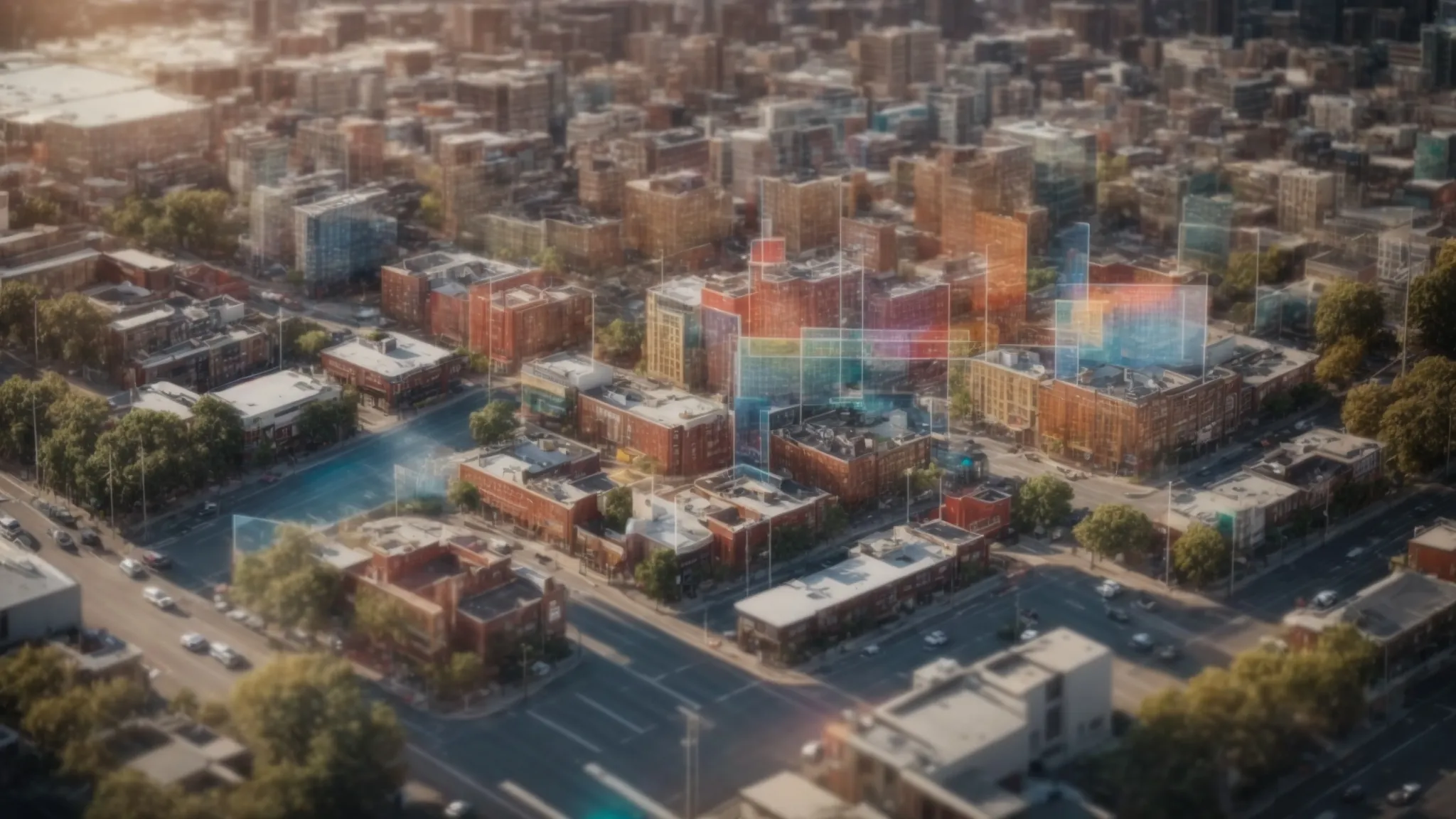 a computer screen showing a map pinpointing various local businesses in a vibrant digital cityscape.