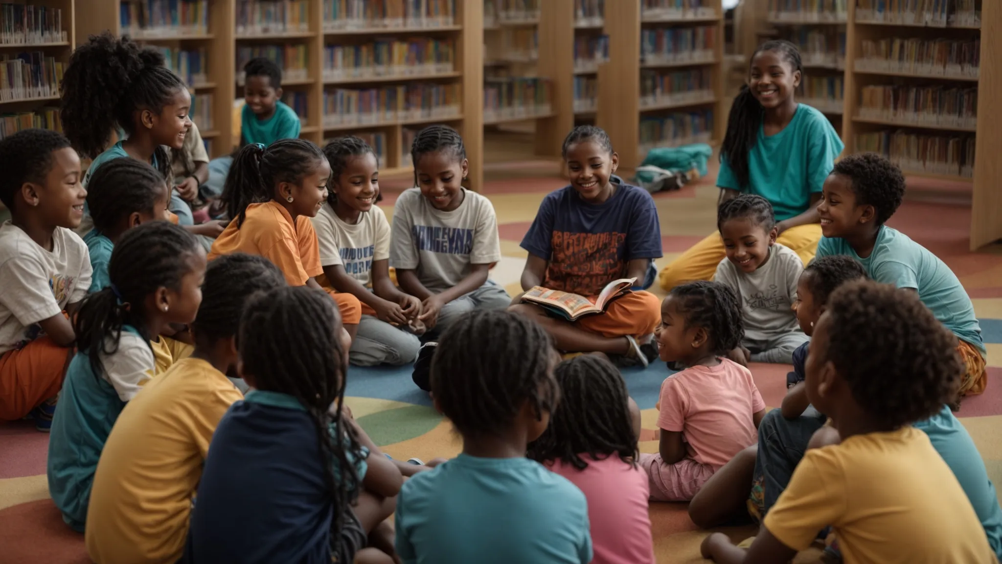 a group of smiling children sit in a circle at a local library, surrounded by colorful books, as a community volunteer reads to them.