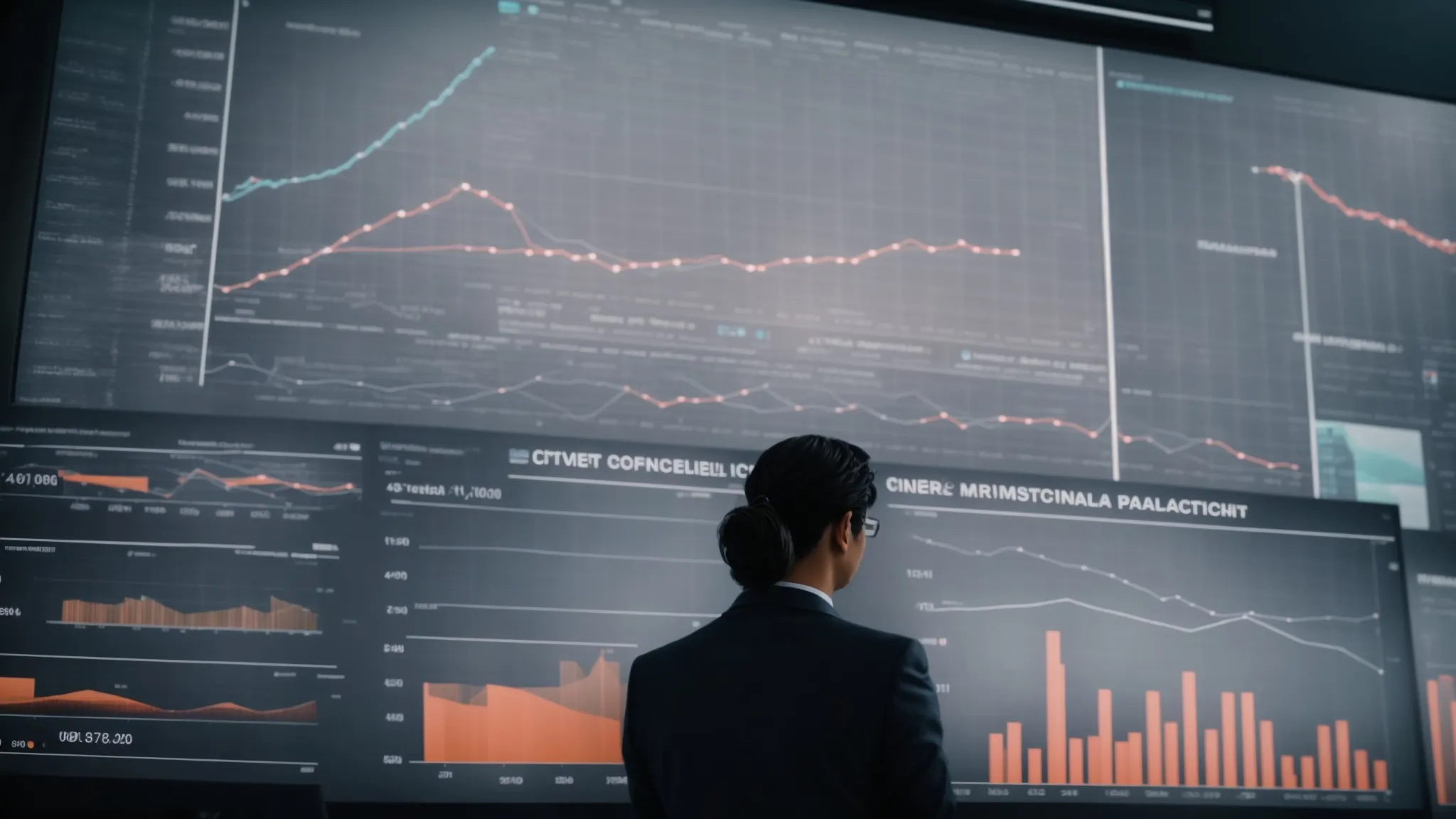 a marketer scrutinizes graphs on a large screen displaying social media engagement trends.