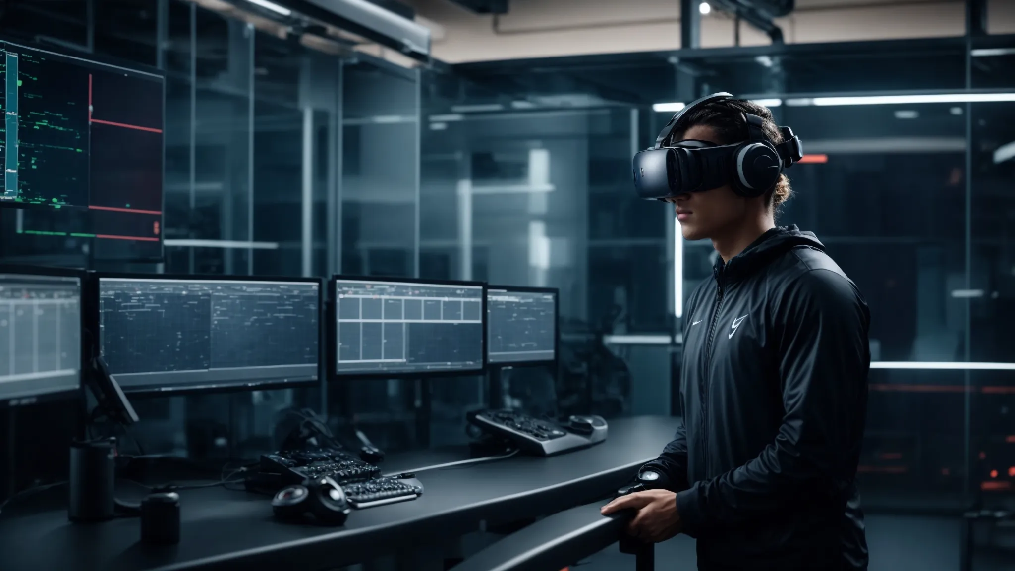 a panoramic view of an athlete in a high-tech facility wearing virtual reality goggles and motion tracking gear, surrounded by screens displaying data analytics.