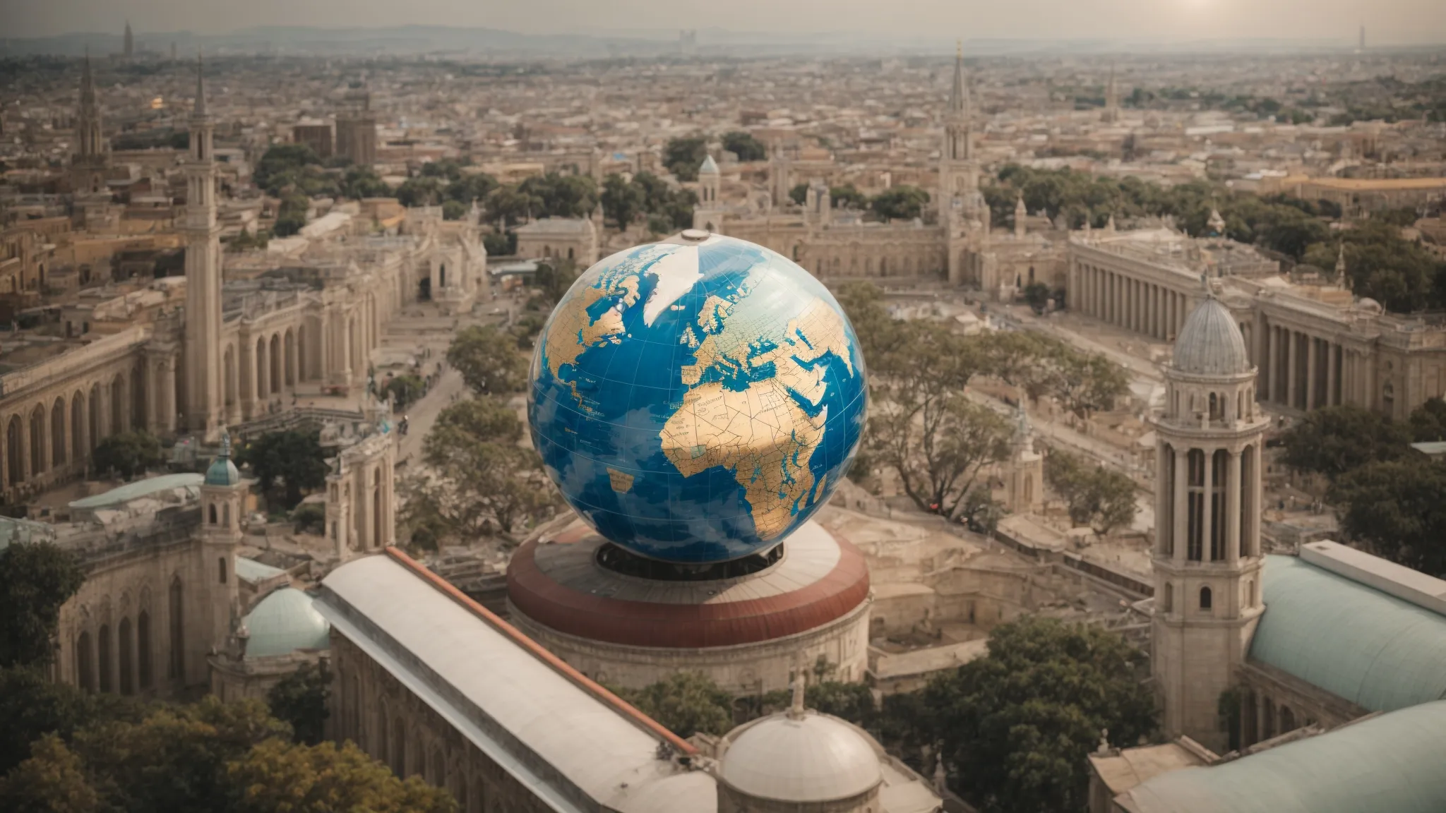 a globe marked with various universities and price tags floating around it against a backdrop of international landmarks.