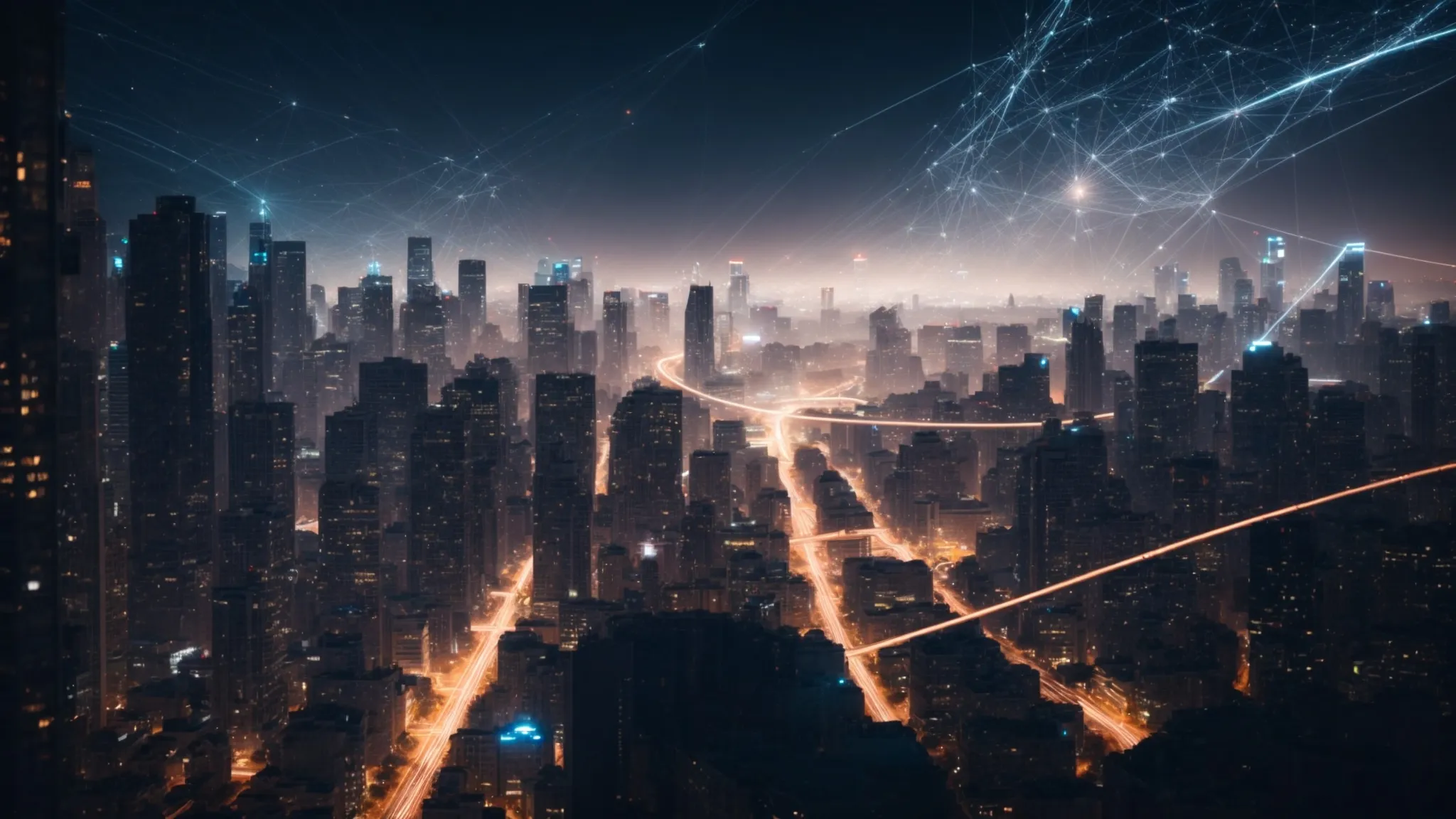 a skyline of futuristic city with interconnected nodes and beams of light symbolizing network and seo link building.