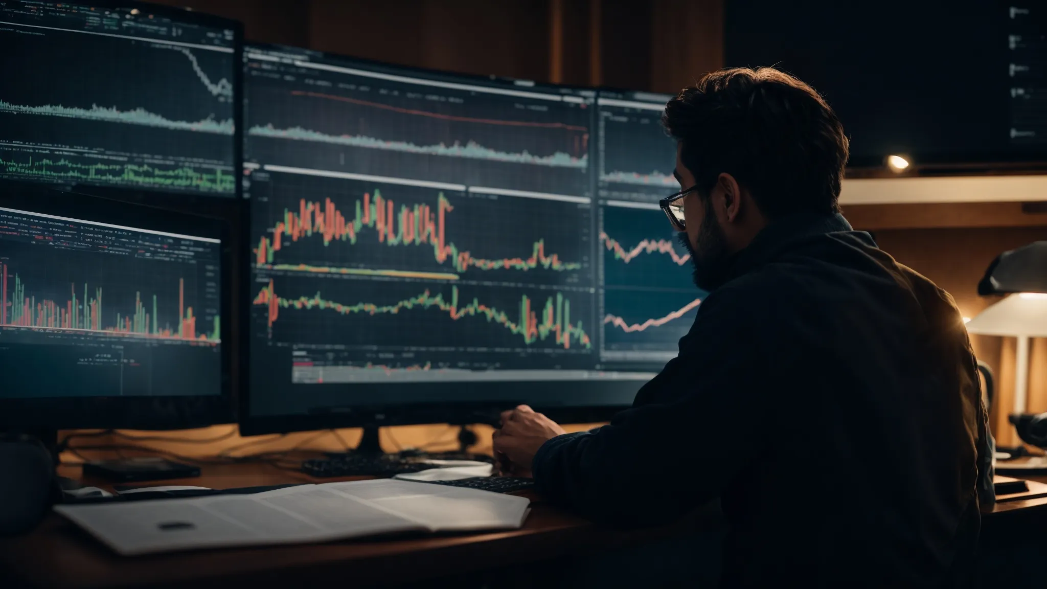 a person intently studying complex charts and graphs on a computer screen, analyzing social media analytics.